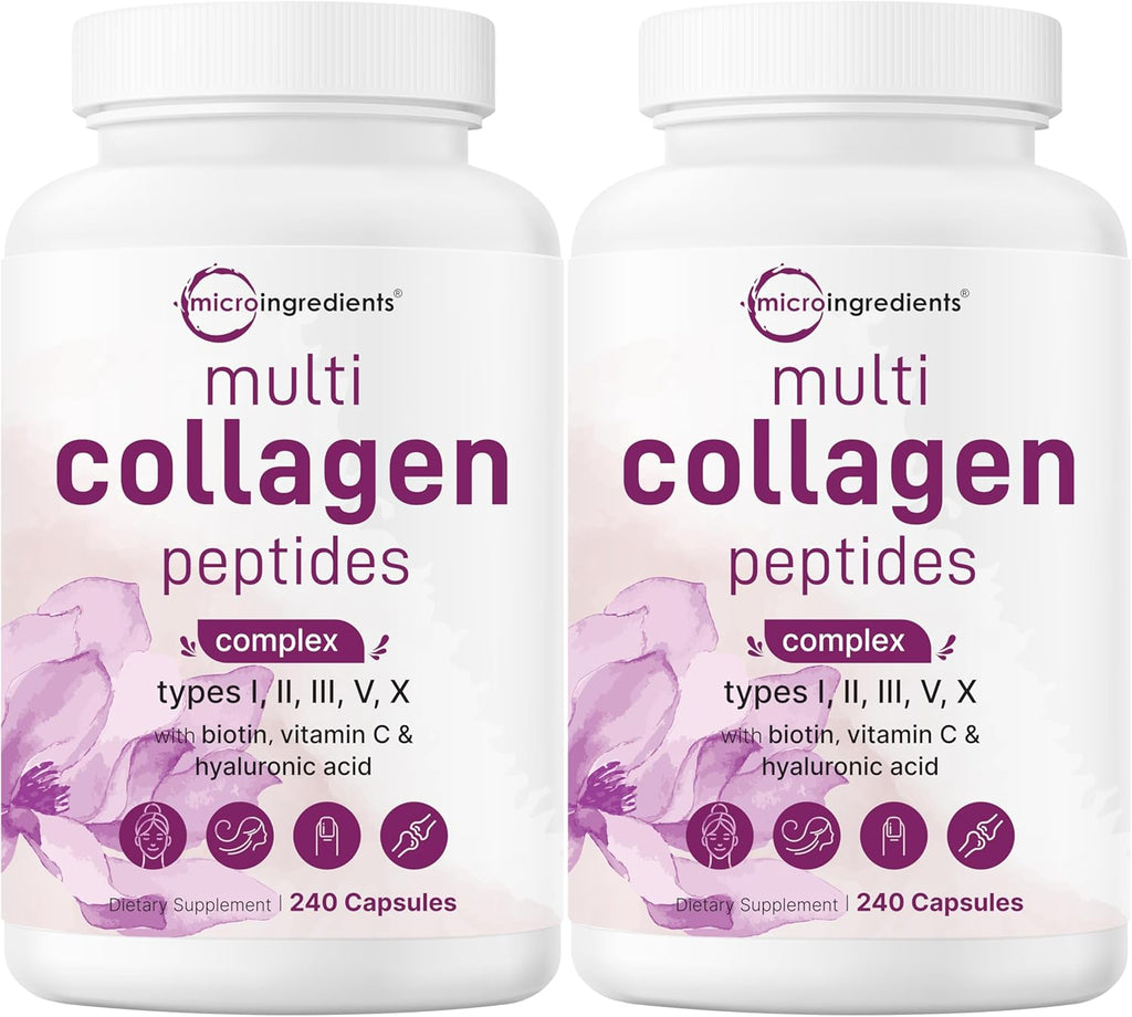 Micro Ingredients 2 Pack Multi Collagen Pills for Women Men, 480 Capsules | Type I, II, III, V, X | Hydrolyzed Peptides with Biotin, Hyaluronic Acid, Fat Soluble Vitamin C Complex | Filler Free
