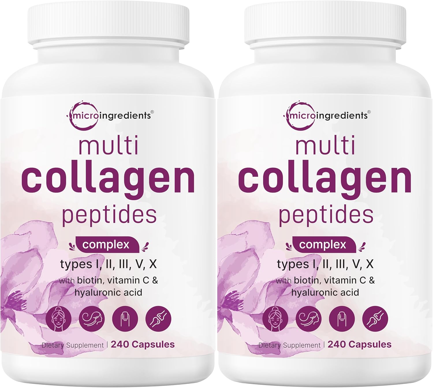 Micro Ingredients 2 Pack Multi Collagen Pills for Women Men, 480 Capsules | Type I, II, III, V, X | Hydrolyzed Peptides with Biotin, Hyaluronic Acid, Fat Soluble Vitamin C Complex | Filler Free