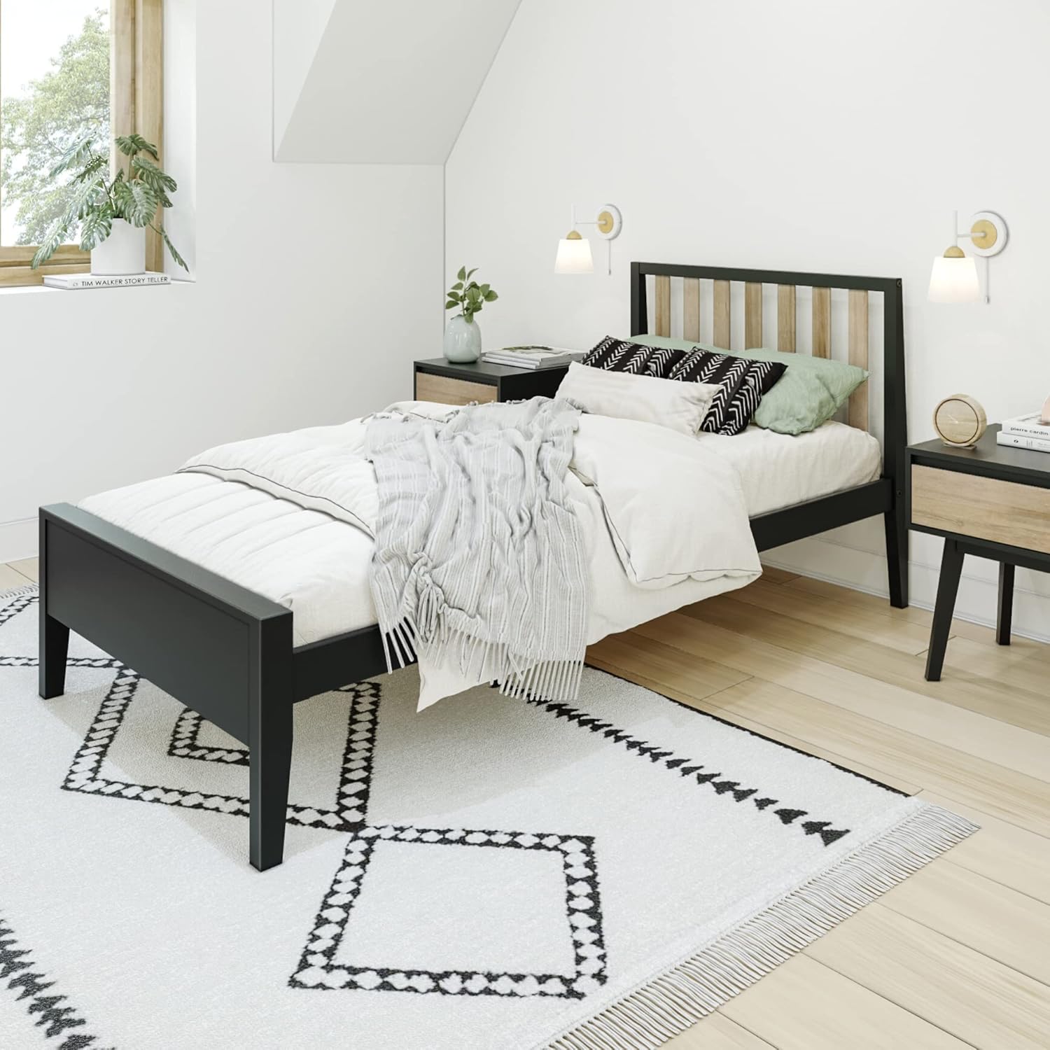 Max & Lily Twin Bed, Scandinavian Modern Bed for Kids, Solid Wood Twin Bed Frame with Slatted Headboard, No Box Spring Needed, Black/Blonde