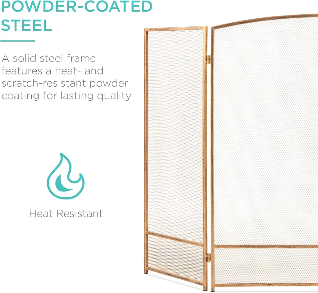 Best Choice Products 47.5x27.25in 3-Panel Simple Steel Mesh Fireplace Screen, Fire Spark Guard Grate for Living Room Home Decor w/Rustic Worn Finish - Antique Gold