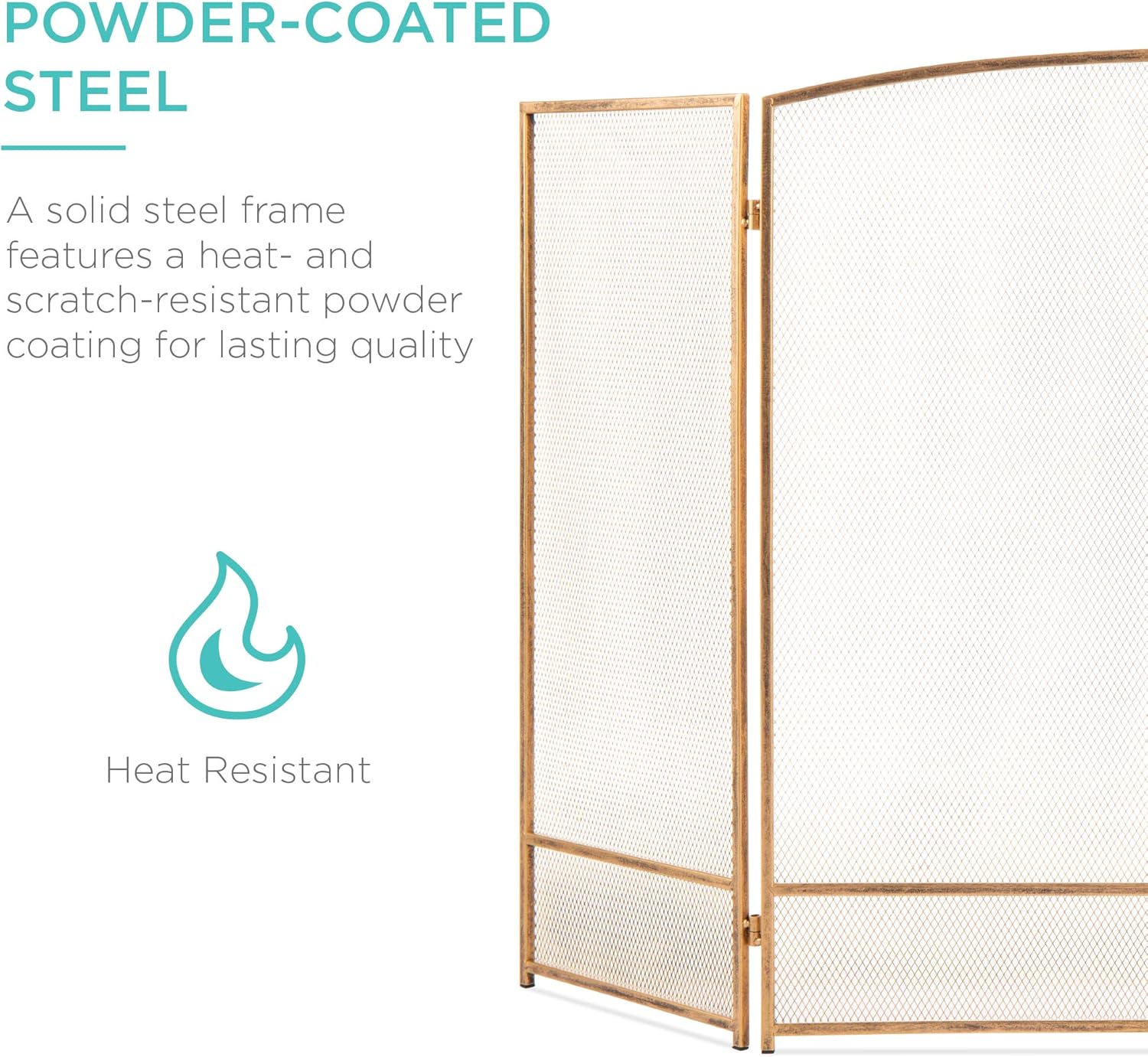 Best Choice Products 47.5x27.25in 3-Panel Simple Steel Mesh Fireplace Screen, Fire Spark Guard Grate for Living Room Home Decor w/Rustic Worn Finish - Antique Gold