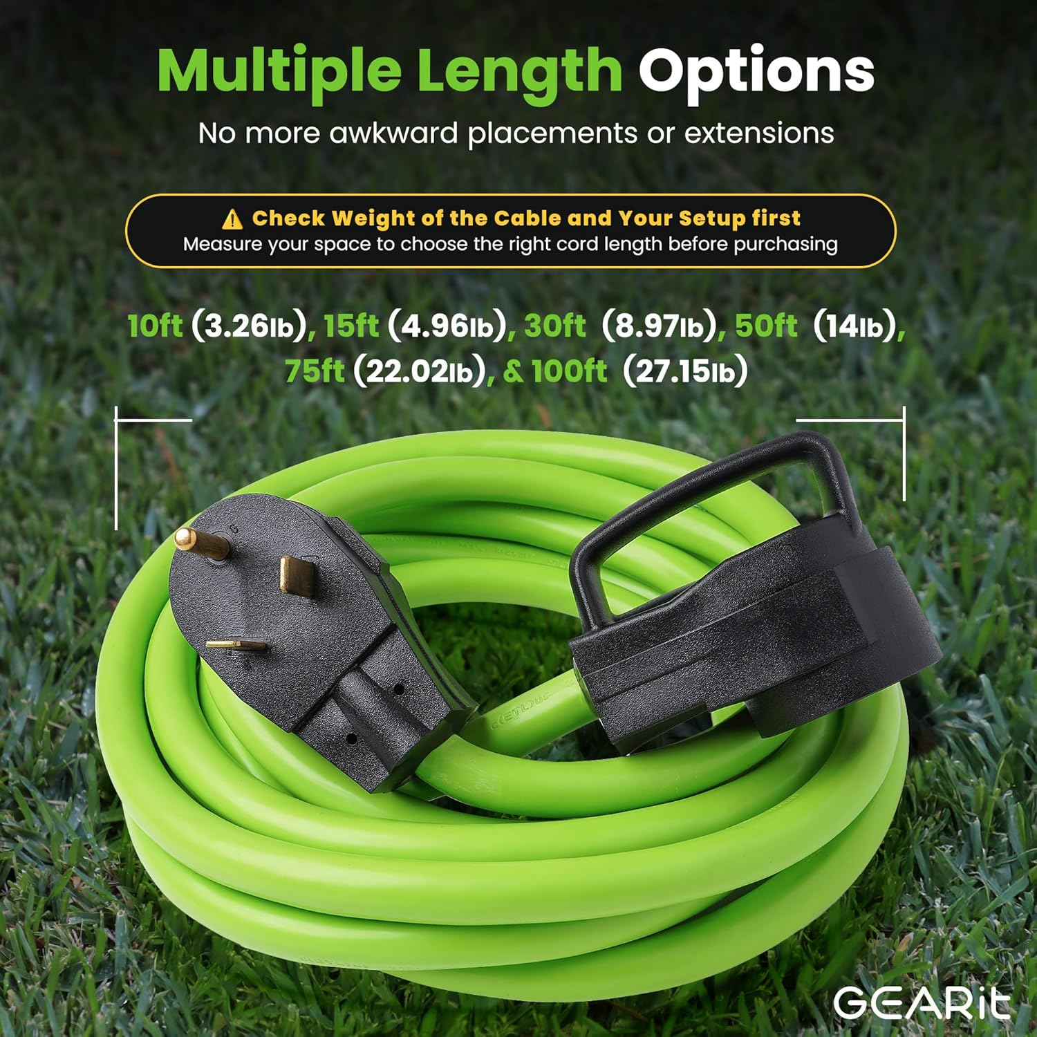 GEARit 30-Amp Extension Cord for RV and Auto, (50-Feet) 3-Prong 125-Volt 10/3 STW 10AWG Gauge 3 Wire, NEMA TT-30P to TT-30R, Outdoor Camper Power Cord
