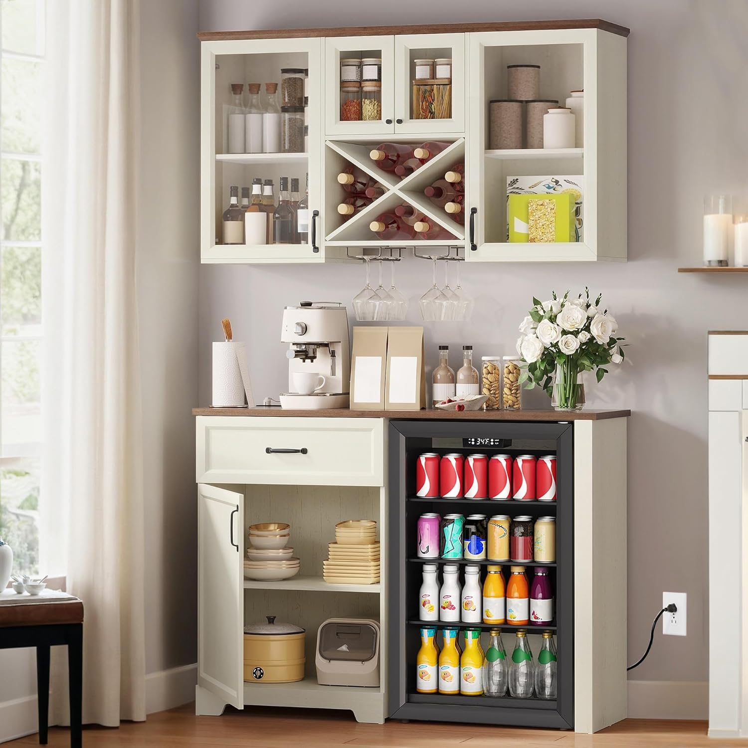 YITAHOM Min Fridg Cabine an Wal Pantr Hutc Set Coffe Ba Cabinet wit Min Fridg Spac Storage Outlet Glas Rac an Beverag Statio fo Kitchen Hom Bar Dinin Room Whit Walnut