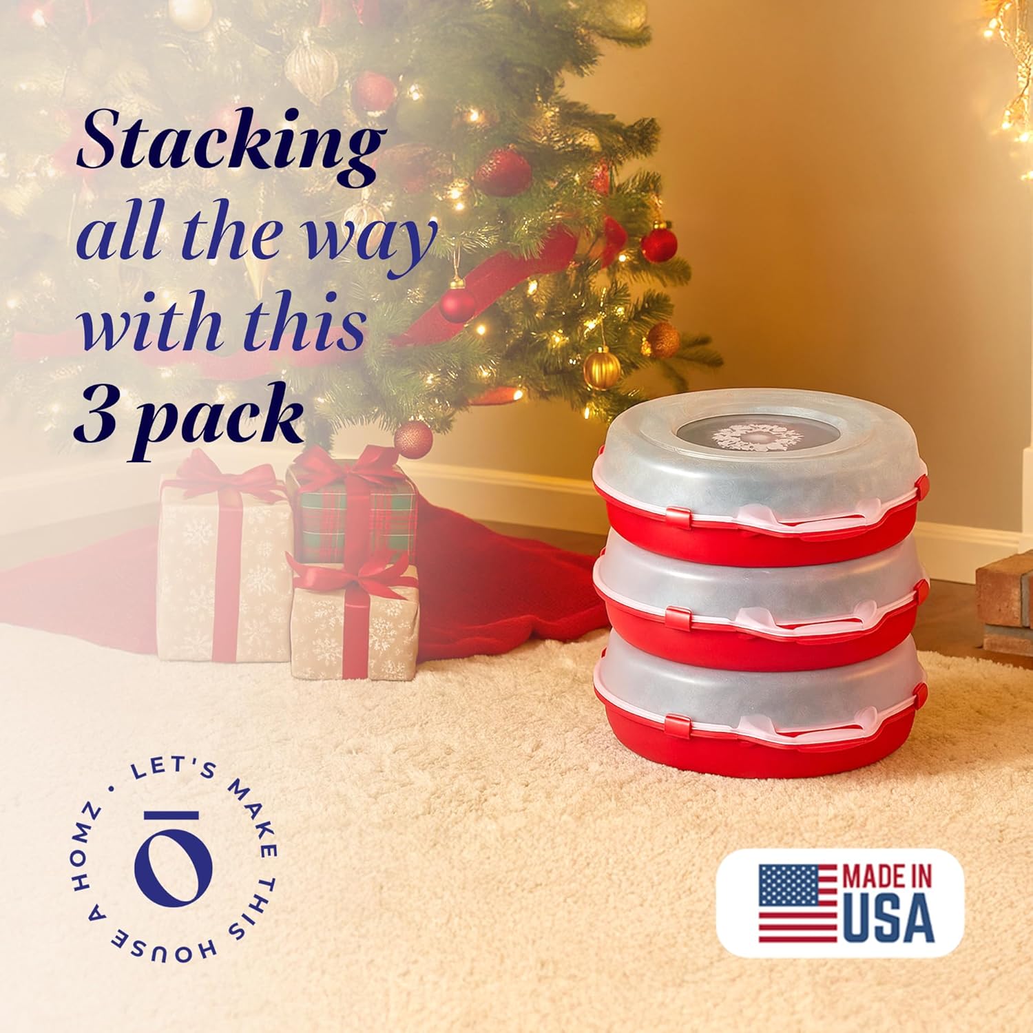 HOMZ 3-Pack Seasonal Holiday Decorative Wreath Storage Organizer, 24 Inch, Red Clear - Round Plastic Christmas Decoration Holder for Wreaths and Garlands w/ 4-Way Latches Built-In Handle