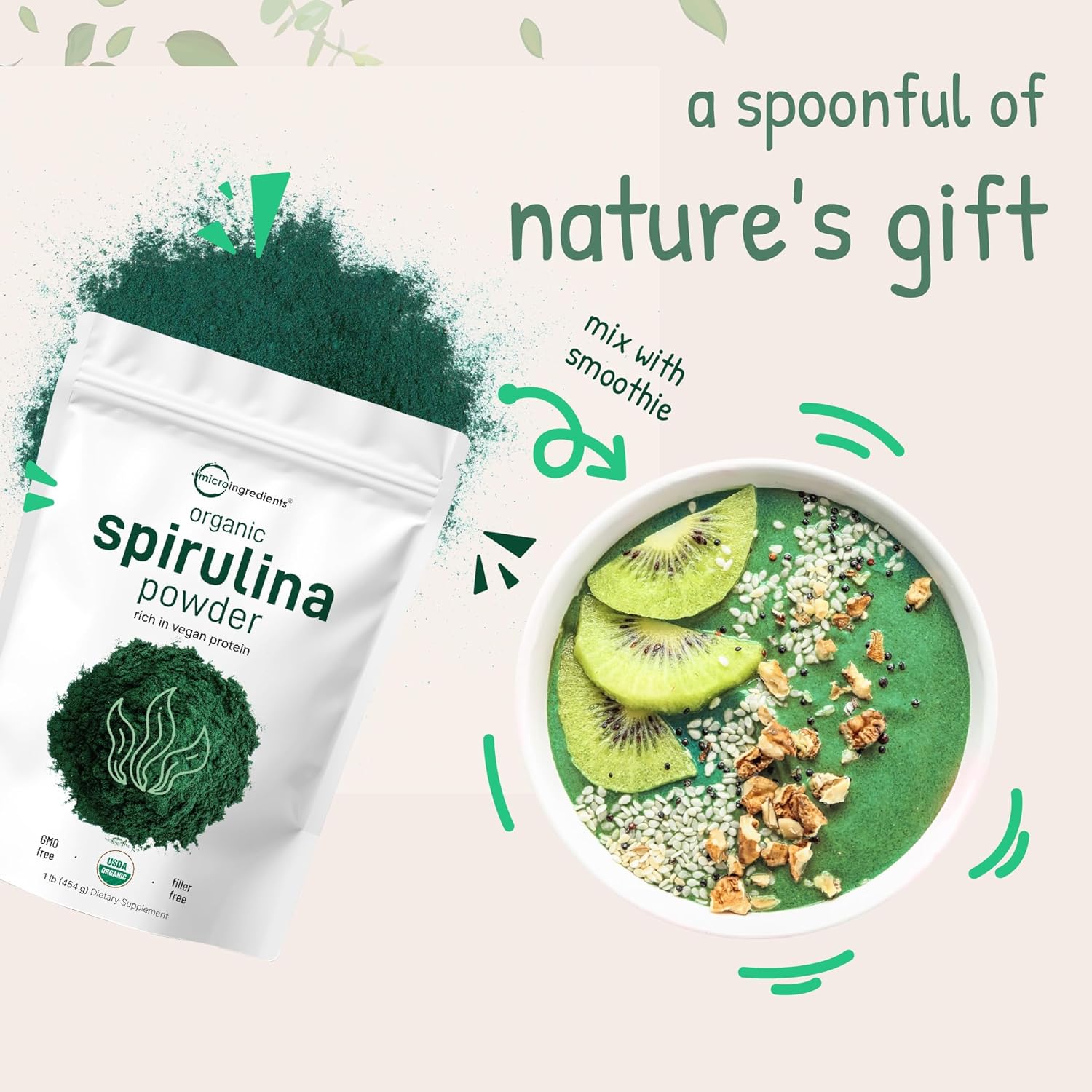 Micr Ingredient Organi Spirulin Powder 1l Blue-Gree Algae Ric i Vega Protein Vitamin Mineral Sourc o Natura Chlorophyl Enzyme Non-GMO Gluten-Free N Additives