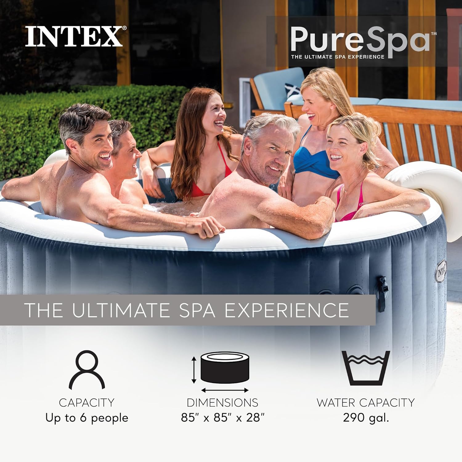 INTEX 28431EP PureSpa Plus Bubble Massage Inflatable Spa Set: Includes Energy Efficient Spa Cover ¨C2 Headrests ¨C LED Light ¨C 6 Person Capacity ¨C 85inch x 28inch