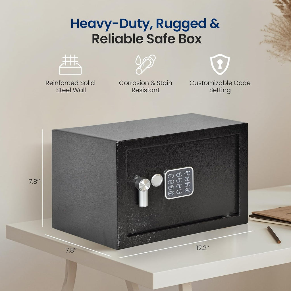 Electronic Safe Box | Heavy-Duty 12.2¡¯¡¯ x 7.8¡¯¡¯ Small Lockbox | Digital Keypad Code 2 Key Override | Compact Money Safe for Cash, Jewelry, Valuables | Wall Floor Mountable Storage