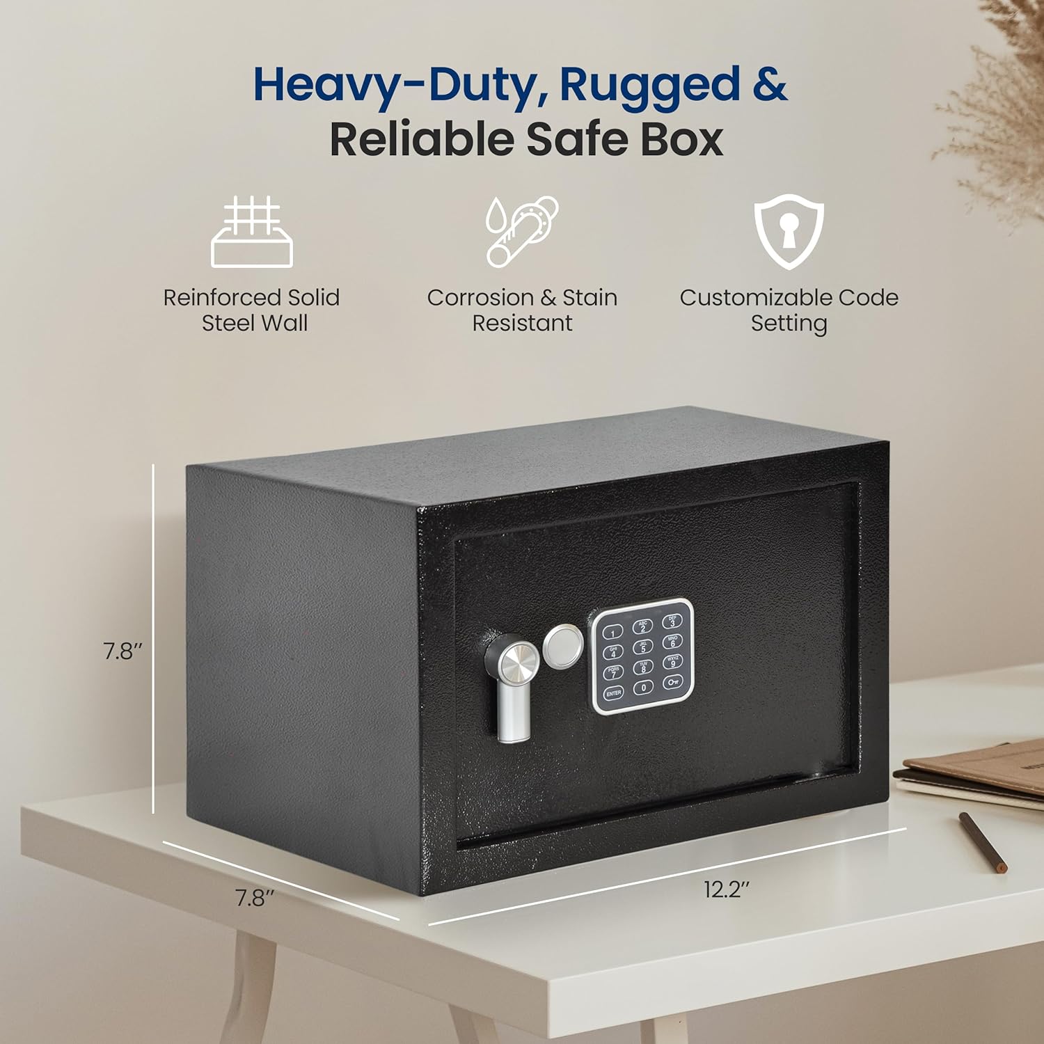 Electronic Safe Box | Heavy-Duty 12.2¡¯¡¯ x 7.8¡¯¡¯ Small Lockbox | Digital Keypad Code 2 Key Override | Compact Money Safe for Cash, Jewelry, Valuables | Wall Floor Mountable Storage