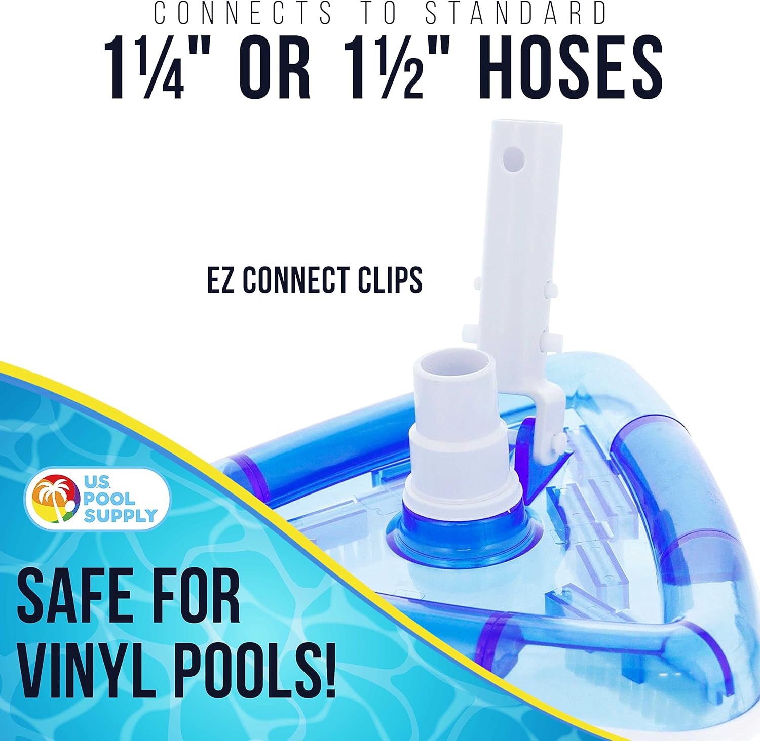 U.S. Pool Supply Weighted Transparent Triangular Pool Vacuum Head with Swivel Hose Connection and EZ Clip Handle - Connect 1-1/4inch or 1-1/2inch Hose - Removes Debris, Clean Corners - Safe for Vinyl Pools