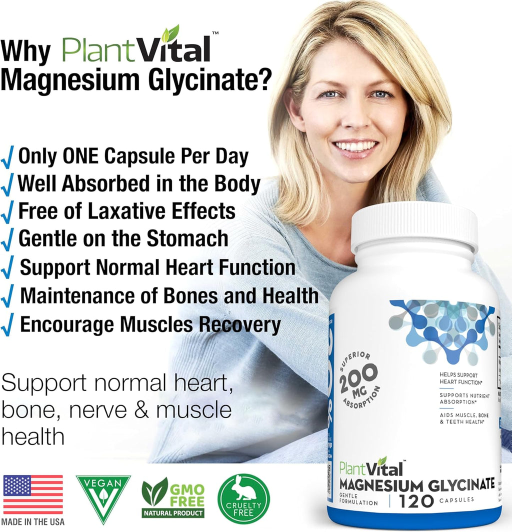 PlantVita Magnesiu Glycinat 200m 12 Capsule Hig Absorption Non-GMO Vegan Gluten-Fre Support Norma Sleep Muscl Nerv Function Norma Hear Bon Health Hel Feelin Cal Relax