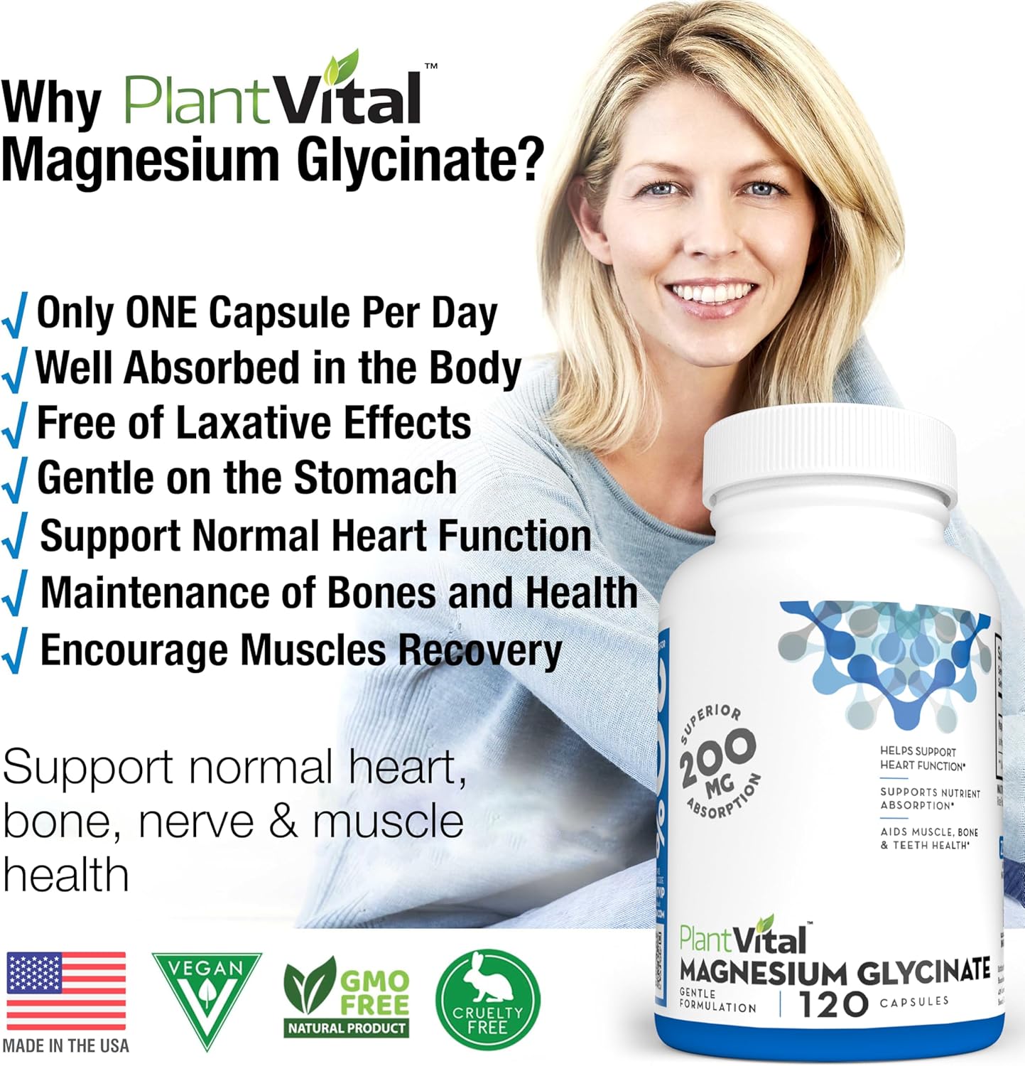 PlantVita Magnesiu Glycinat 200m 12 Capsule Hig Absorption Non-GMO Vegan Gluten-Fre Support Norma Sleep Muscl Nerv Function Norma Hear Bon Health Hel Feelin Cal Relax