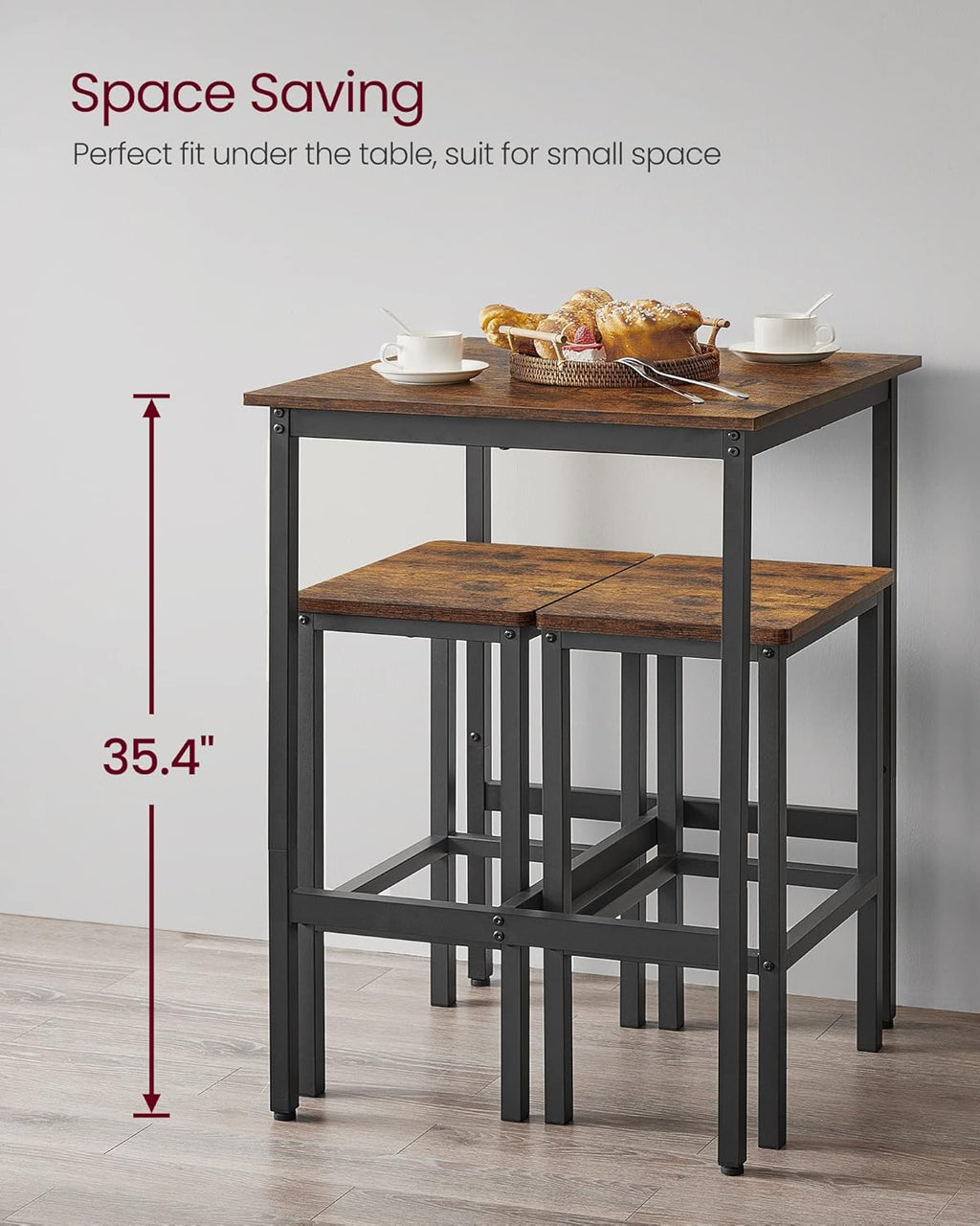VASAGLE Bar Table and Chairs Set, Square Table with 2 Stools, Dining Pub Set for 2, Space Saving for Kitchen Breakfast, Living Room, Party Room, Rustic Brown and Ink Black