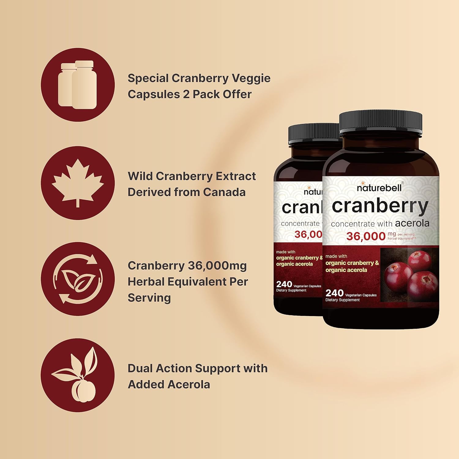 NatureBel Pac Cranberr Pill 36,000m wit Acerola 48 Tota Veggi Capsule 100: Fres Cranberrie Extrac Organi Ingredient Support Urinar Trac Healt Suga Free