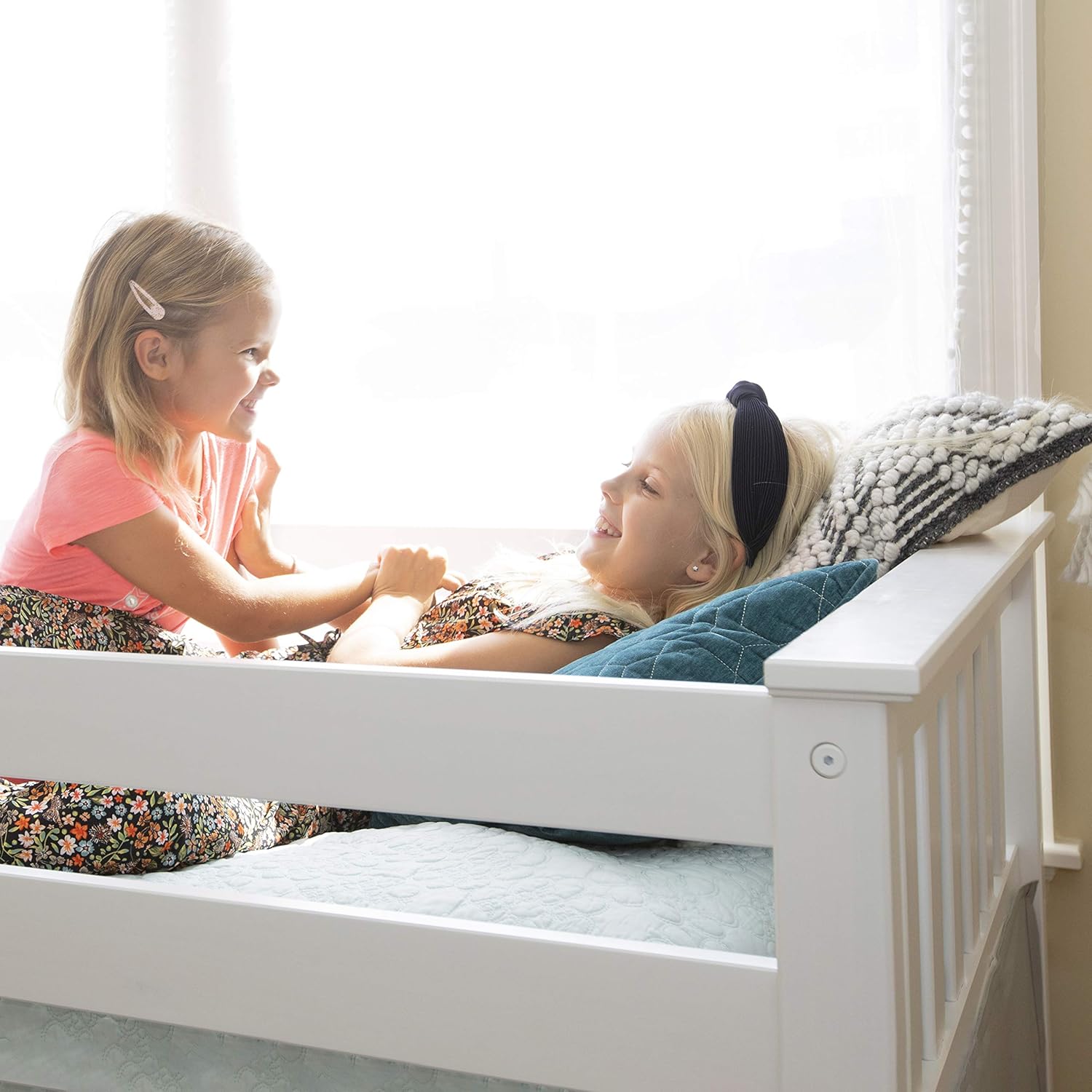 Max & Lily Low Bunk Bed, Twin-Over-Twin Bed Frame For Kids With Stairs and Curtains For Bottom, White/Blue