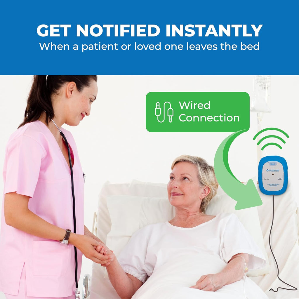 Patient Aid Bed Alarm with 10inch x 30inch Motion Sensor Pad and Wired Device with Rubber Casing, Ring Sound and Mounting Options, AC Adapter and Battery Powered Wandering and Fall Prevention for Elderly