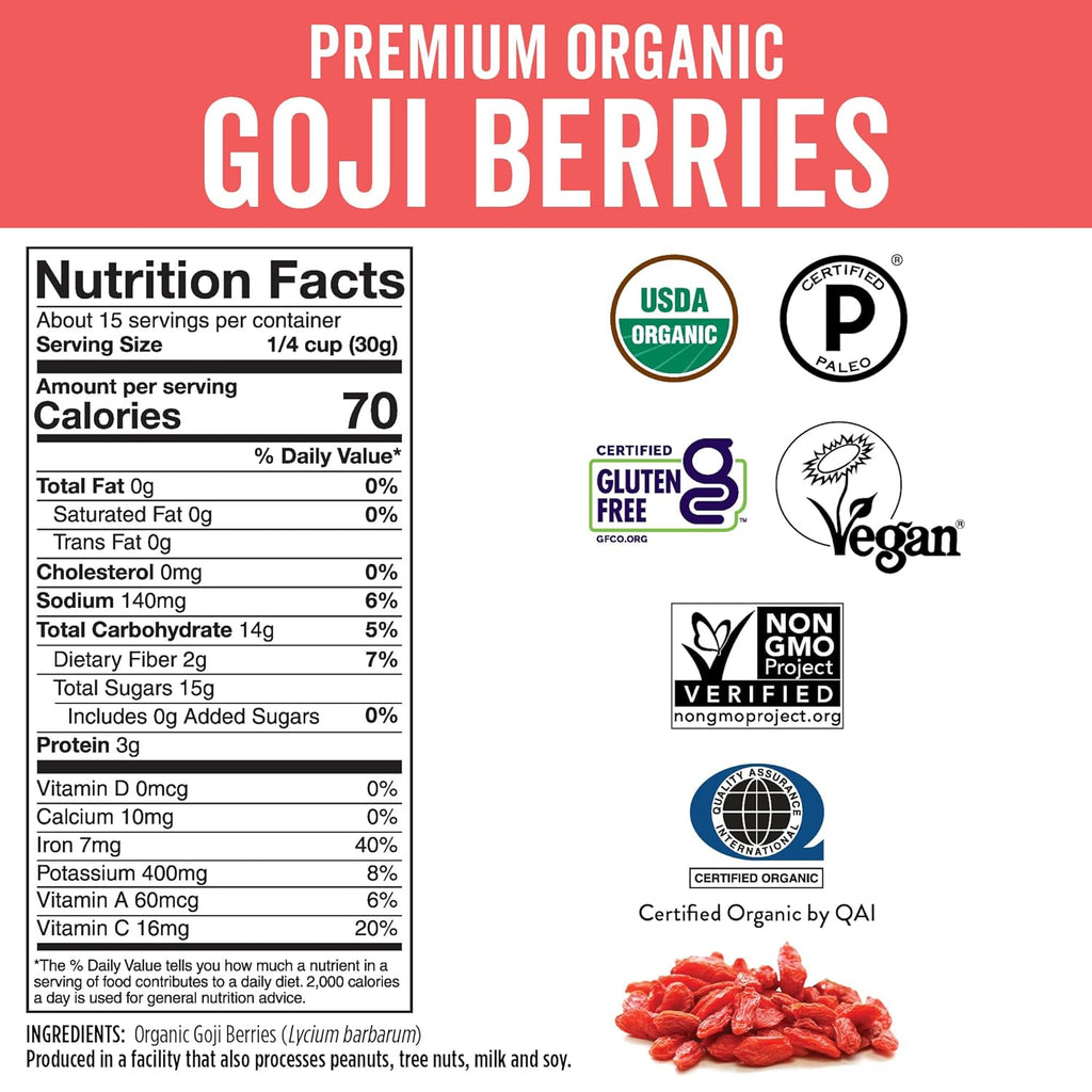 Viva Naturals Organic Dried Goji Berries, 1 lb (454 g) ¨C Non-GMO, Vegan Wolfberries, Perfect for Goji Berry Tea, Smoothies, Baking Snacking