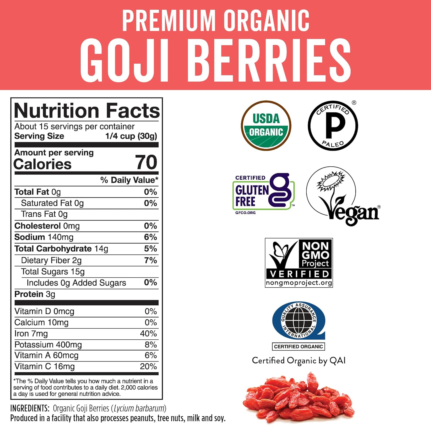 Viva Naturals Organic Dried Goji Berries, 1 lb (454 g) ¨C Non-GMO, Vegan Wolfberries, Perfect for Goji Berry Tea, Smoothies, Baking Snacking