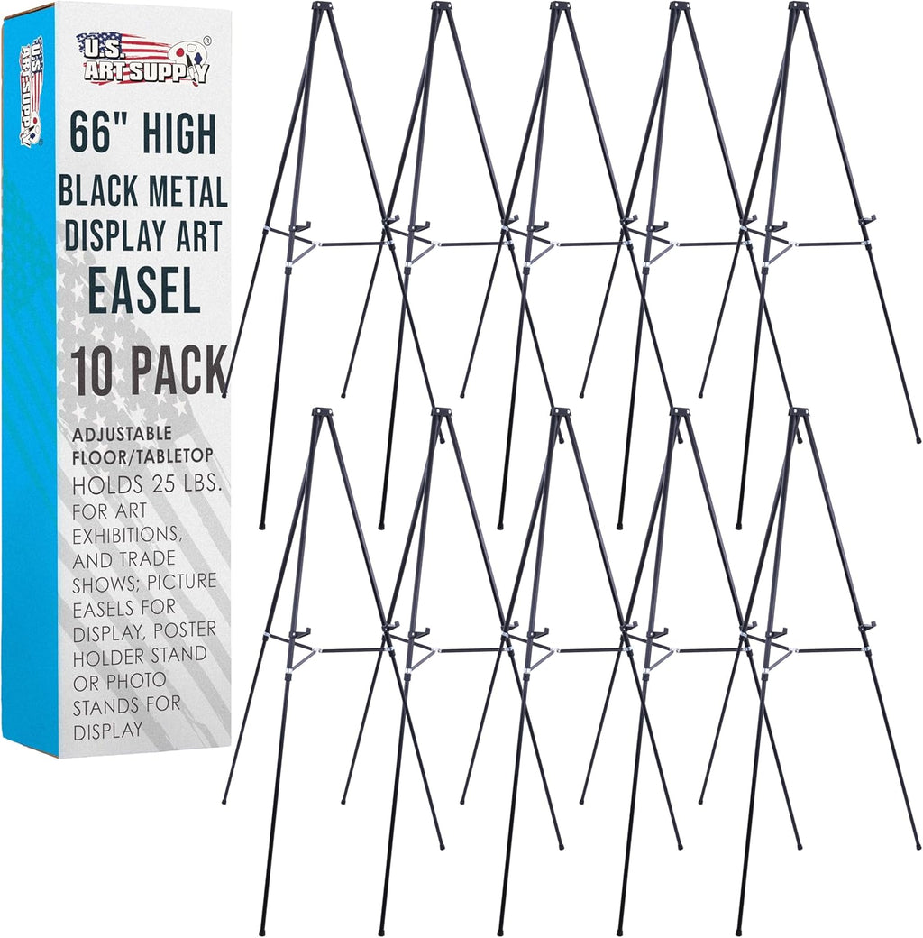 U.S. Art Supply 66inch High Black Metal Display Art Easel (10 Pack) - Large Adjustable Height Portable Easel Stand, Sign Display, Holds 25 lbs - Floor & Tabletop Easels, Sign Stand