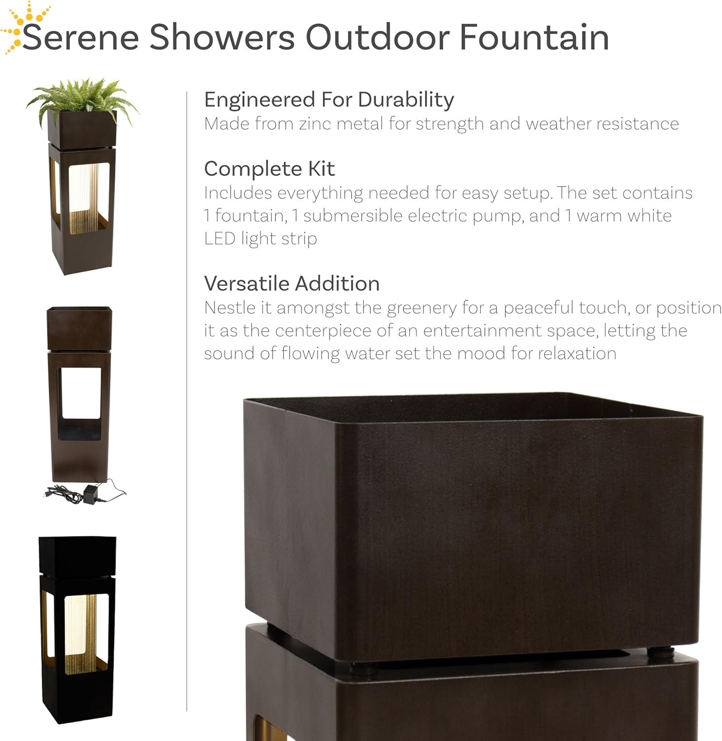Sunnydaz Seren Shower Outdoo Wate Fountai wit Light Zin 36-Inc Include War Whit LE Lights