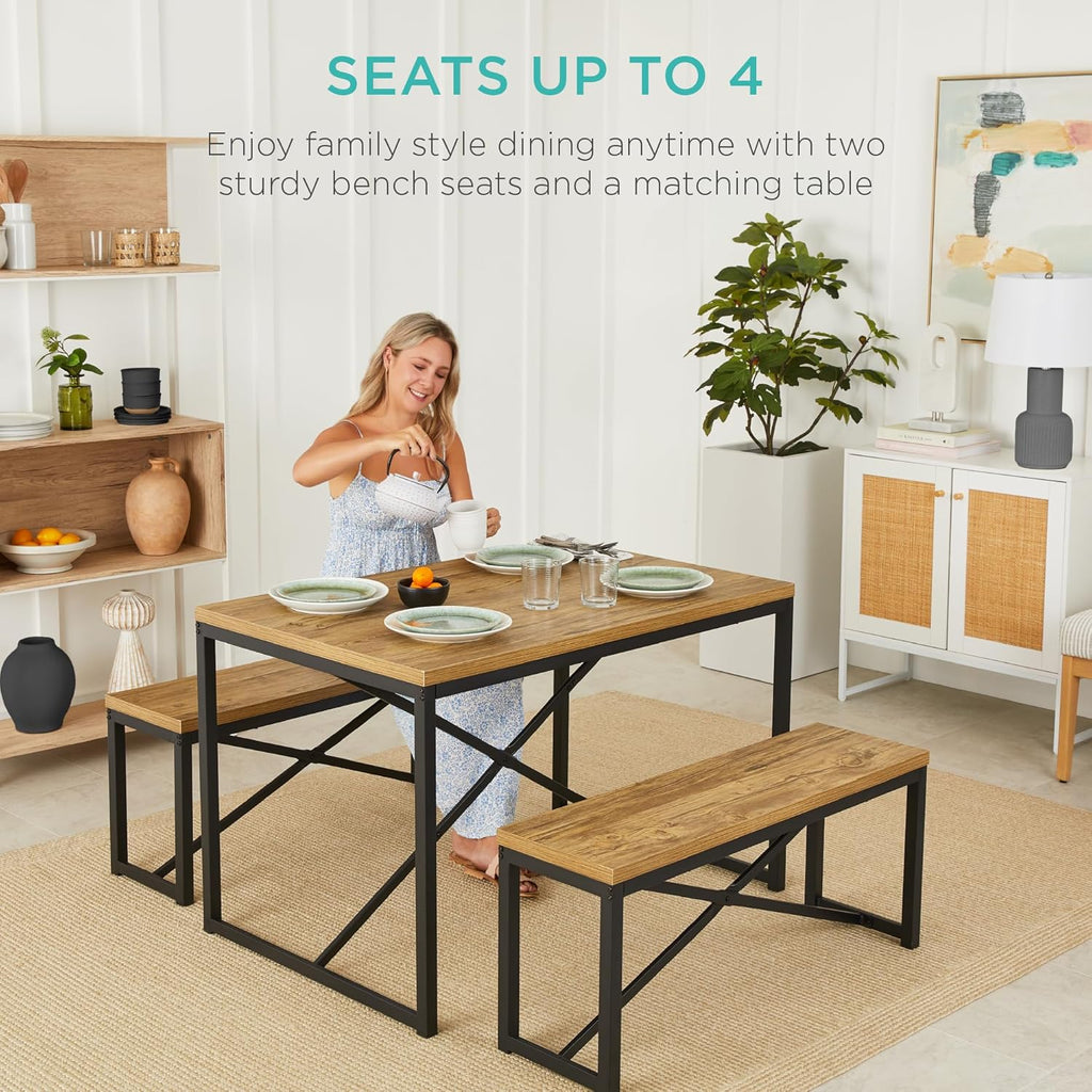 Best Choice Products 45.5in 3-Piece Bench Style Dining Furniture Set, 4-Person Space-Saving Dinette for Kitchen, Dining Room w/ 2 Benches, Table - Light Brown/Black