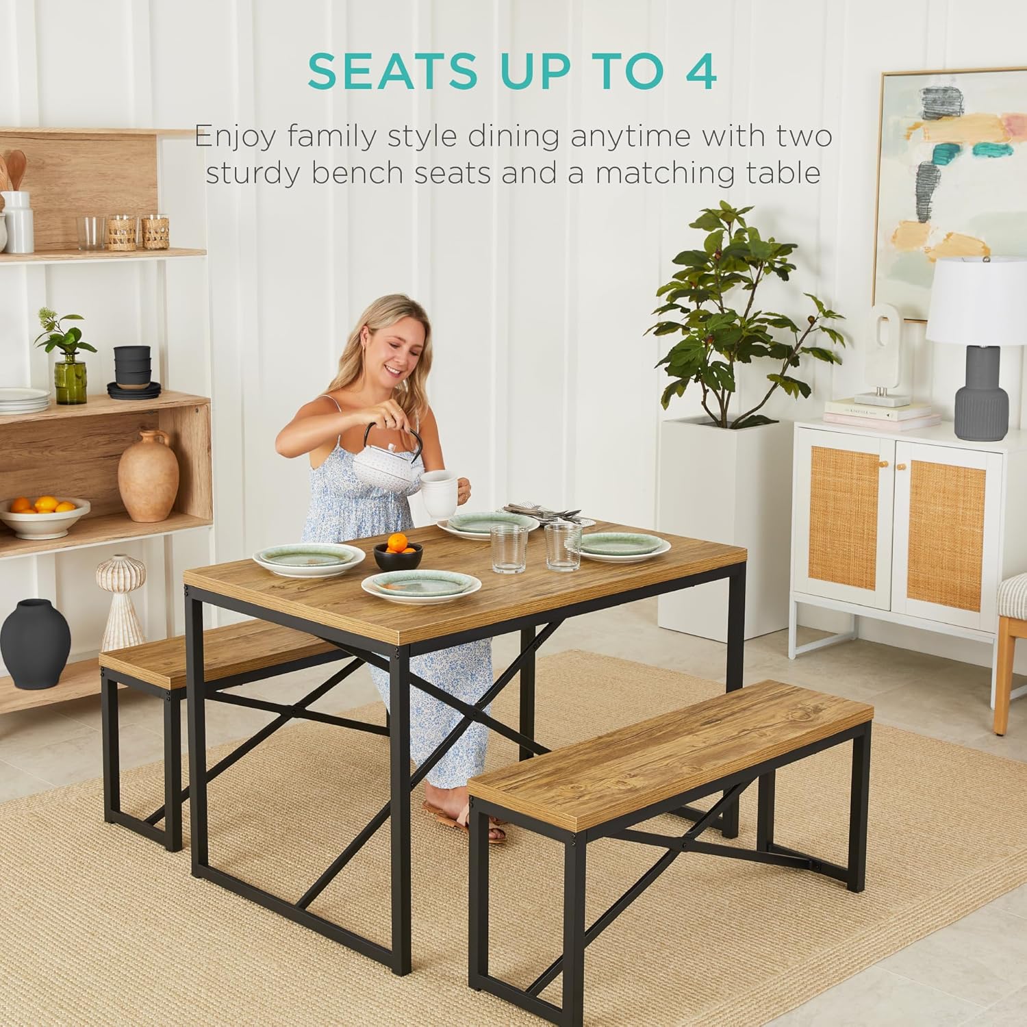 Best Choice Products 45.5in 3-Piece Bench Style Dining Furniture Set, 4-Person Space-Saving Dinette for Kitchen, Dining Room w/ 2 Benches, Table - Light Brown/Black