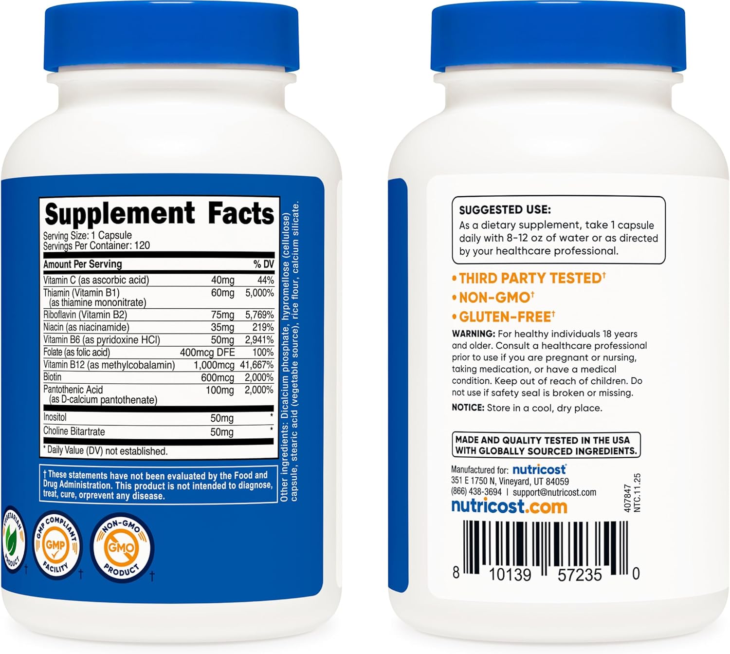 Nutricost High Potency Vitamin B Complex 462mg, 120 Capsules - with Vitamin C - Energy Complex