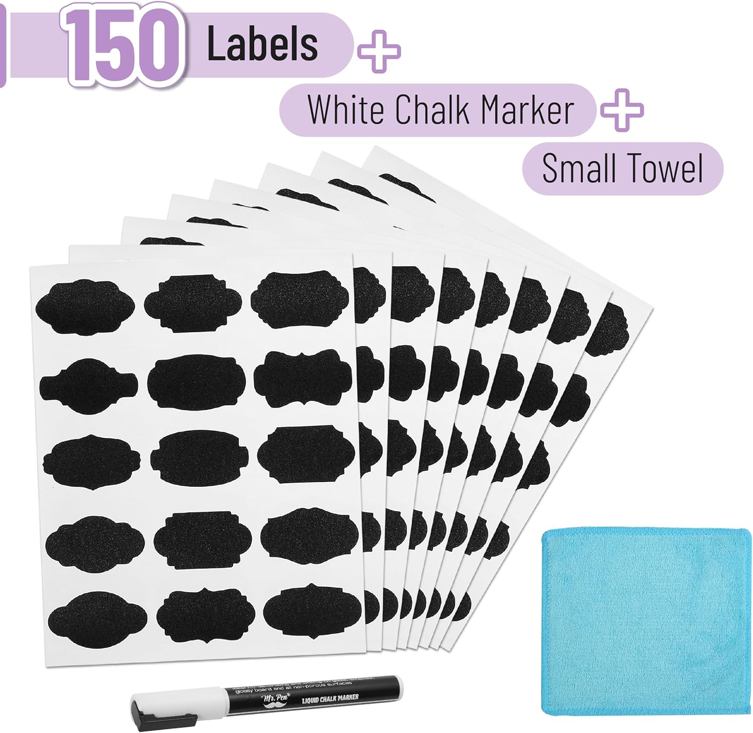 Mr. Pen- Chalkboard Labels, 150 pcs, Assorted Shapes, 1 White Chalk Marker and Small Towel, Label Stickers for Bottle, Food, Jar and Storage Bins