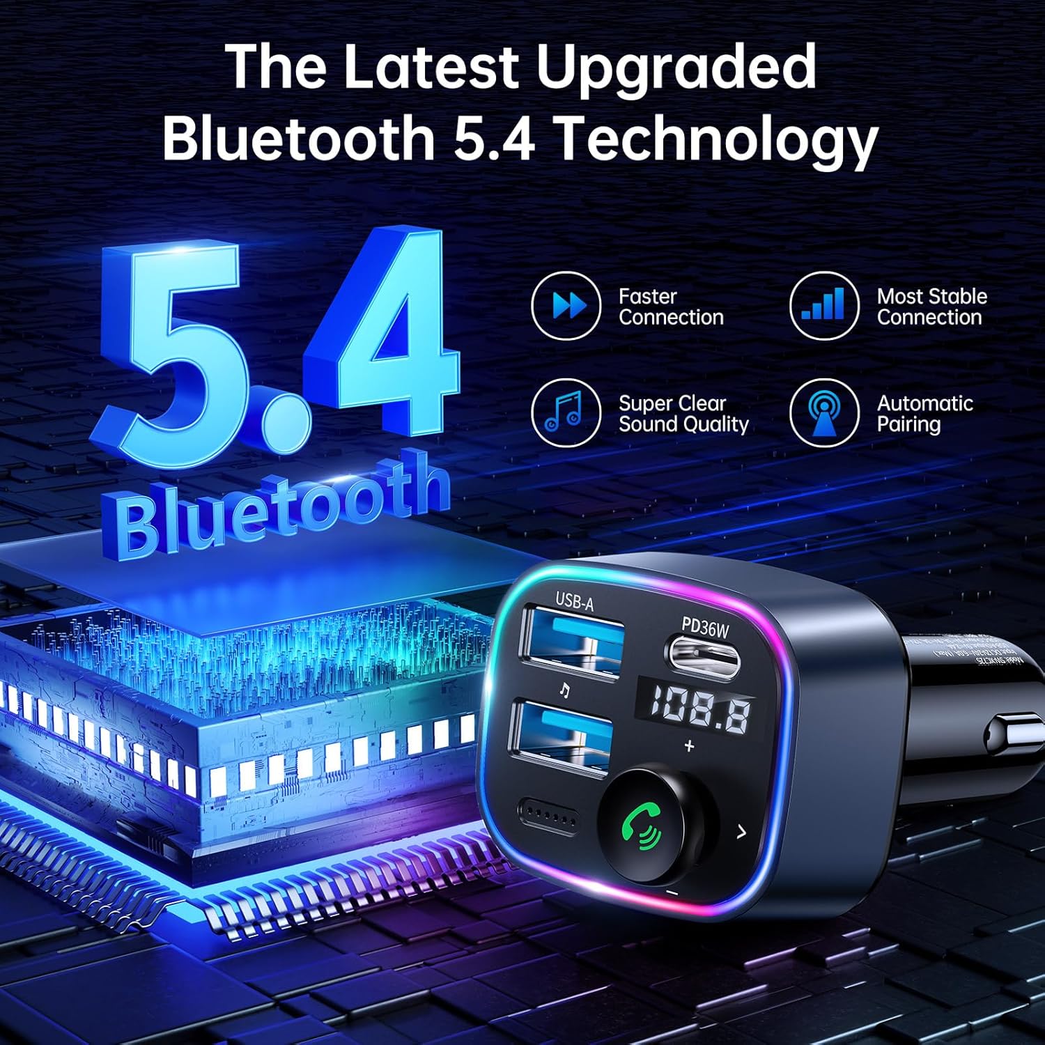 Syncwire Bluetooth 5.3 FM Transmitter Car Adapter 48W(PD 36W 12W) [Light Switch] [Hi-Fi Deep Bass] [Fast Charging] Wireless Radio Music Adapter LED Display Hands-Free Calling Support USB Drive