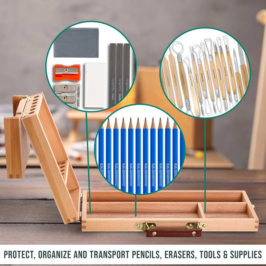 U.S Ar Suppl Multi-Functio Fli Ope Artis Suppl Bo wit Lockin Clasp Woode Ar Bo fo Artis Supplies Brushes Pencils Erasers Too Storag Organize Cas t Protec an Transport