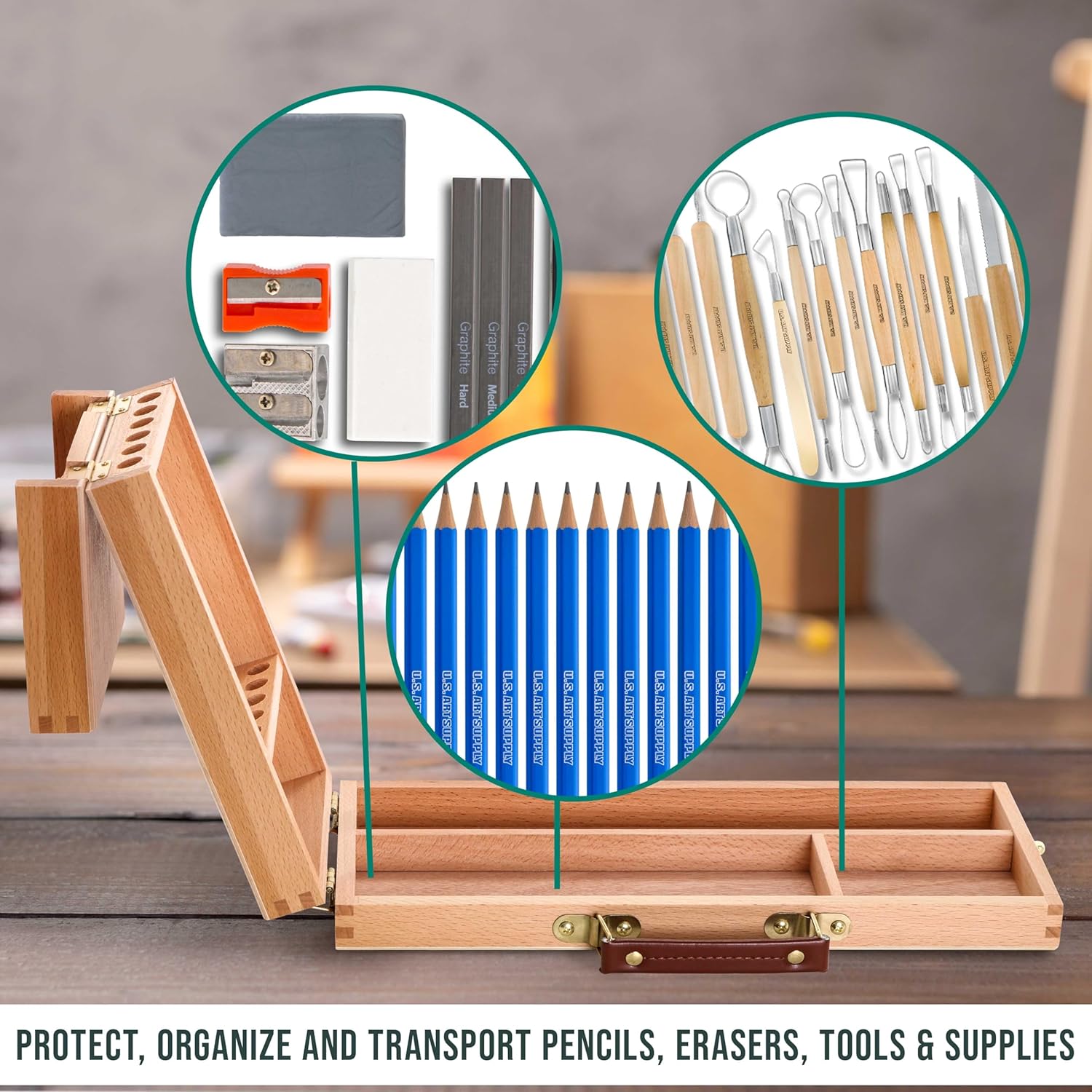 U.S Ar Suppl Multi-Functio Fli Ope Artis Suppl Bo wit Lockin Clasp Woode Ar Bo fo Artis Supplies Brushes Pencils Erasers Too Storag Organize Cas t Protec an Transport