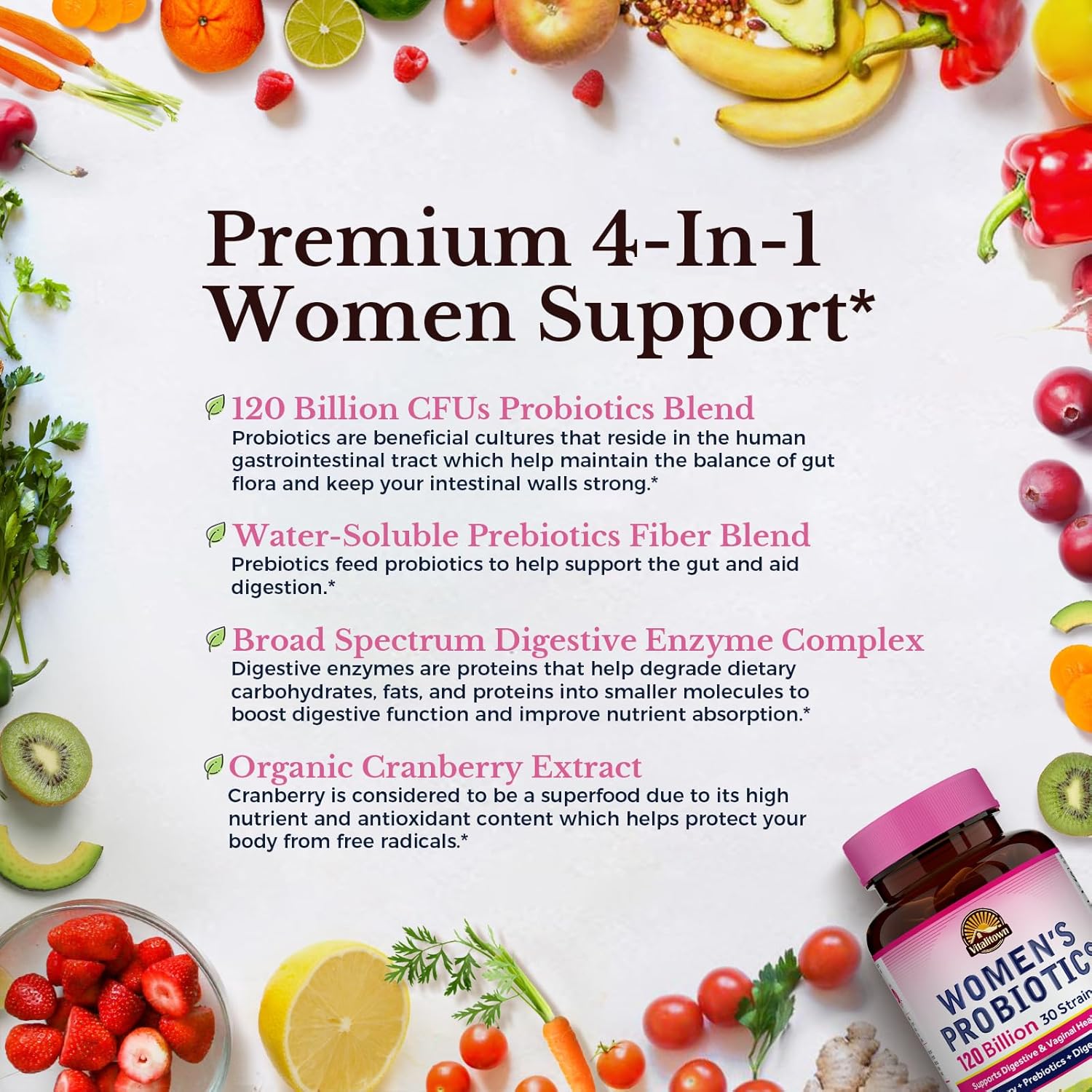 Vitalitown Probiotics for Women 120 Billion CFUs, 30 Strains, with Prebiotics Digestive Enzymes Cranberry, Gut Vaginal Health, Vegan 60 (Pack of 1) Delayed Release Caps