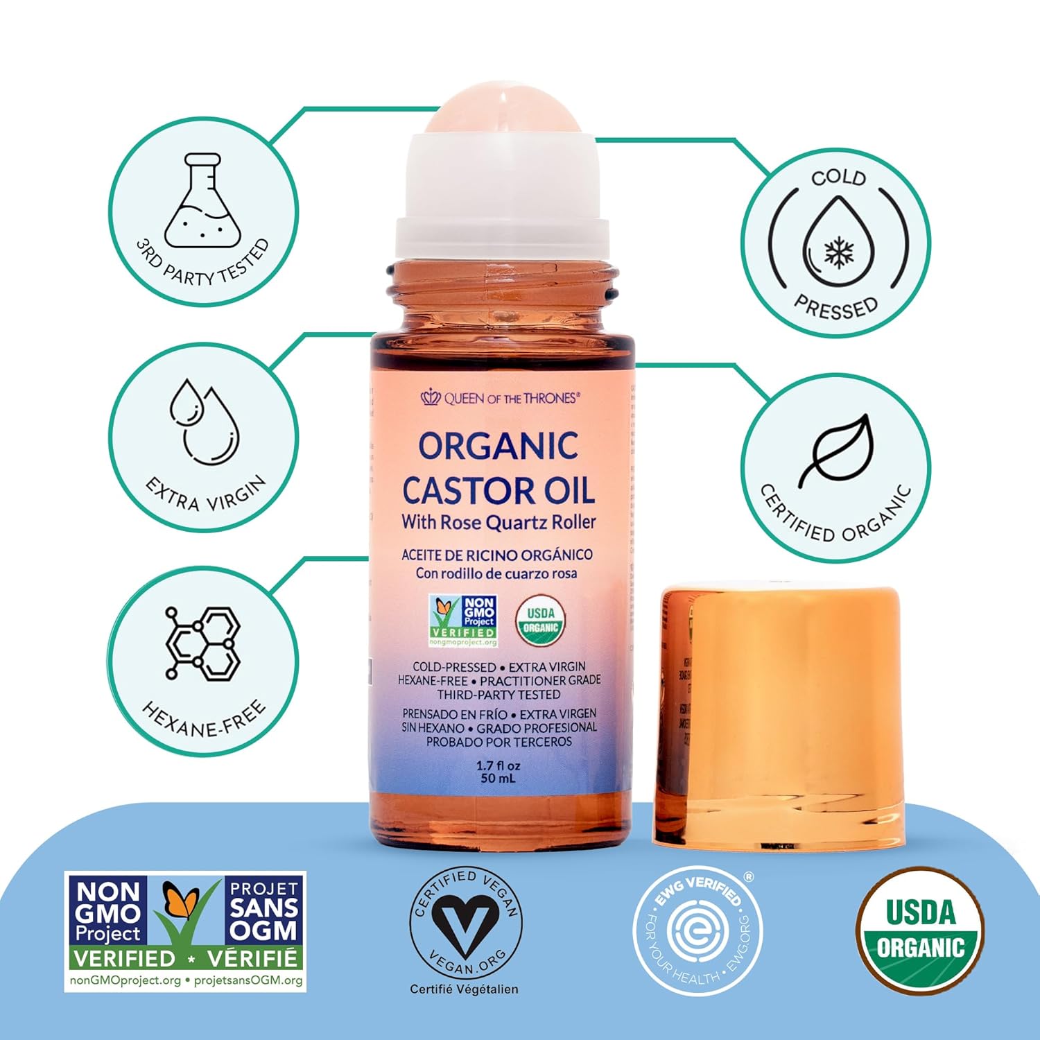 QUEEN OF THE THRONES Organic Golden Castor Oil Roll-On with Rose Quartz | 100% Pure for Skin, Brows Lashes and less mess Castor Oil Packs | Hexane-Free | USDA Certified | Cold-Pressed 1.7oz (50mL)