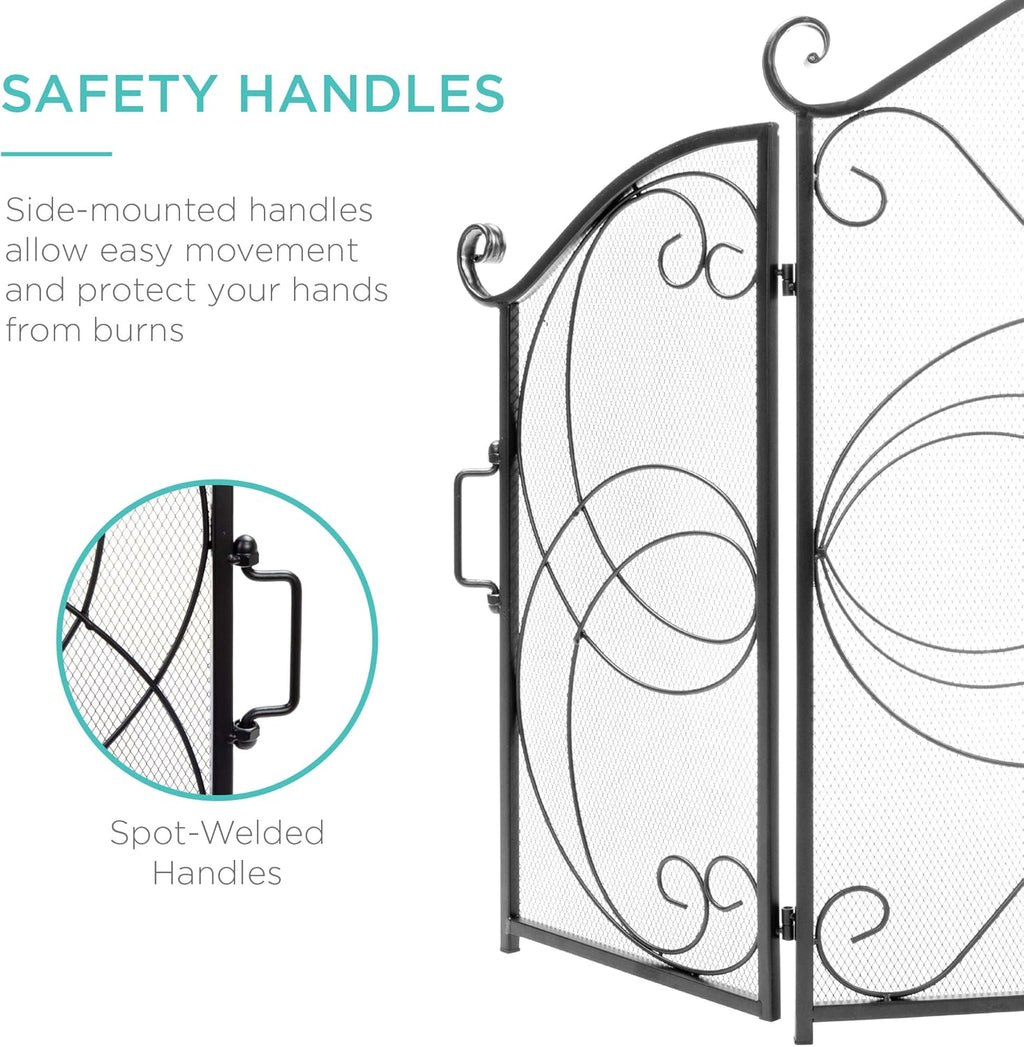 Best Choice Products 3-Panel 55x33in Solid Wrought Iron See-Through Metal Fireplace Screen, Spark Guard Safety Protector w/Decorative Scroll - Black