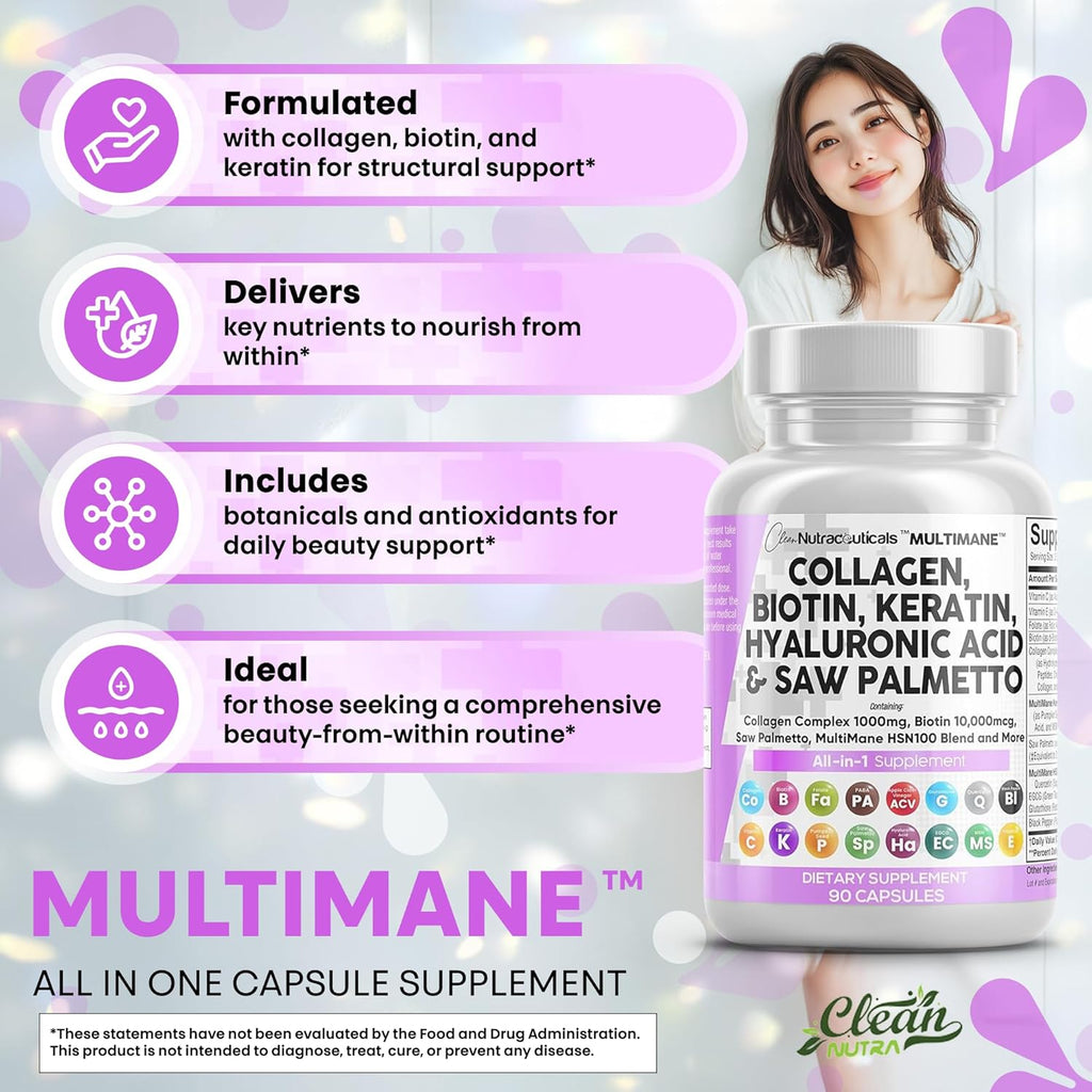 Clean Nutraceuticals Collagen Pills 1000mg Biotin 10000mcg Keratin Saw Palmetto Hyaluronic Acid - Hair Skin Nails Vitamins DHT Blocker with Vitamin E Folic Acid Pumpkin Seed MSM - 90 Count