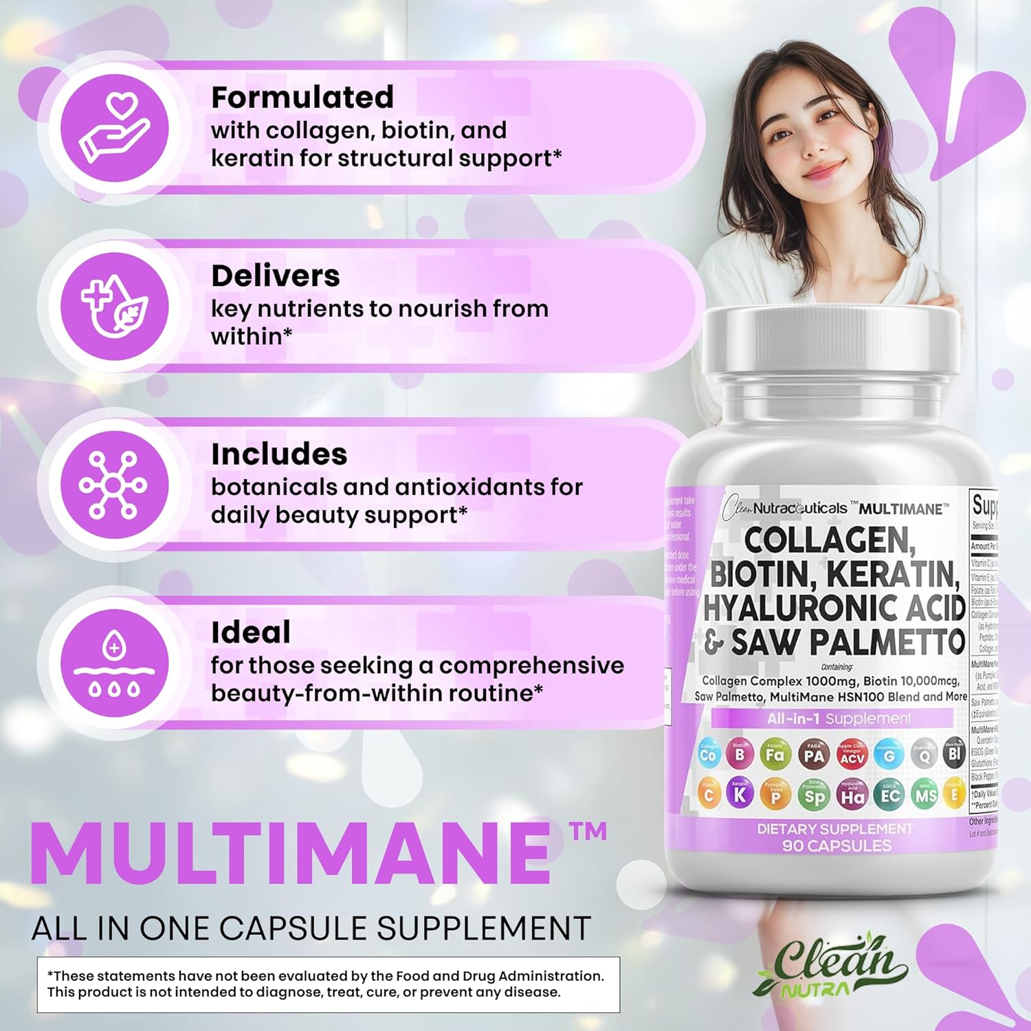 Clean Nutraceuticals Collagen Pills 1000mg Biotin 10000mcg Keratin Saw Palmetto Hyaluronic Acid - Hair Skin Nails Vitamins DHT Blocker with Vitamin E Folic Acid Pumpkin Seed MSM - 90 Count