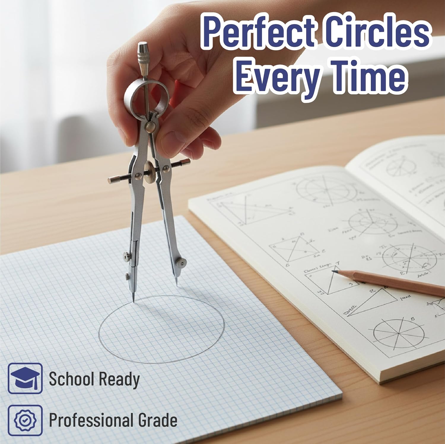 Geometry Set with 6 Inch Swing Arm Protractor, Divider, Set Squares, Ruler, Compasses and Protractor, 15 Piece Set