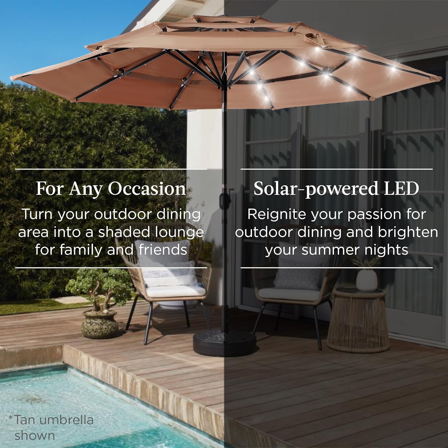 Best Choice Products 10ft 3-Tier Solar Patio Umbrella, Outdoor Market Sun Shade for Backyard, Deck, Poolside w/ 24 LED Lights, Tilt Adjustment, Easy Crank, 8 Ribs - Black