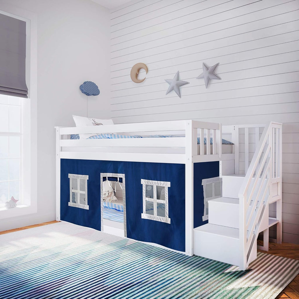 Max & Lily Low Bunk Bed, Twin-Over-Twin Bed Frame For Kids With Stairs and Curtains For Bottom, White/Blue
