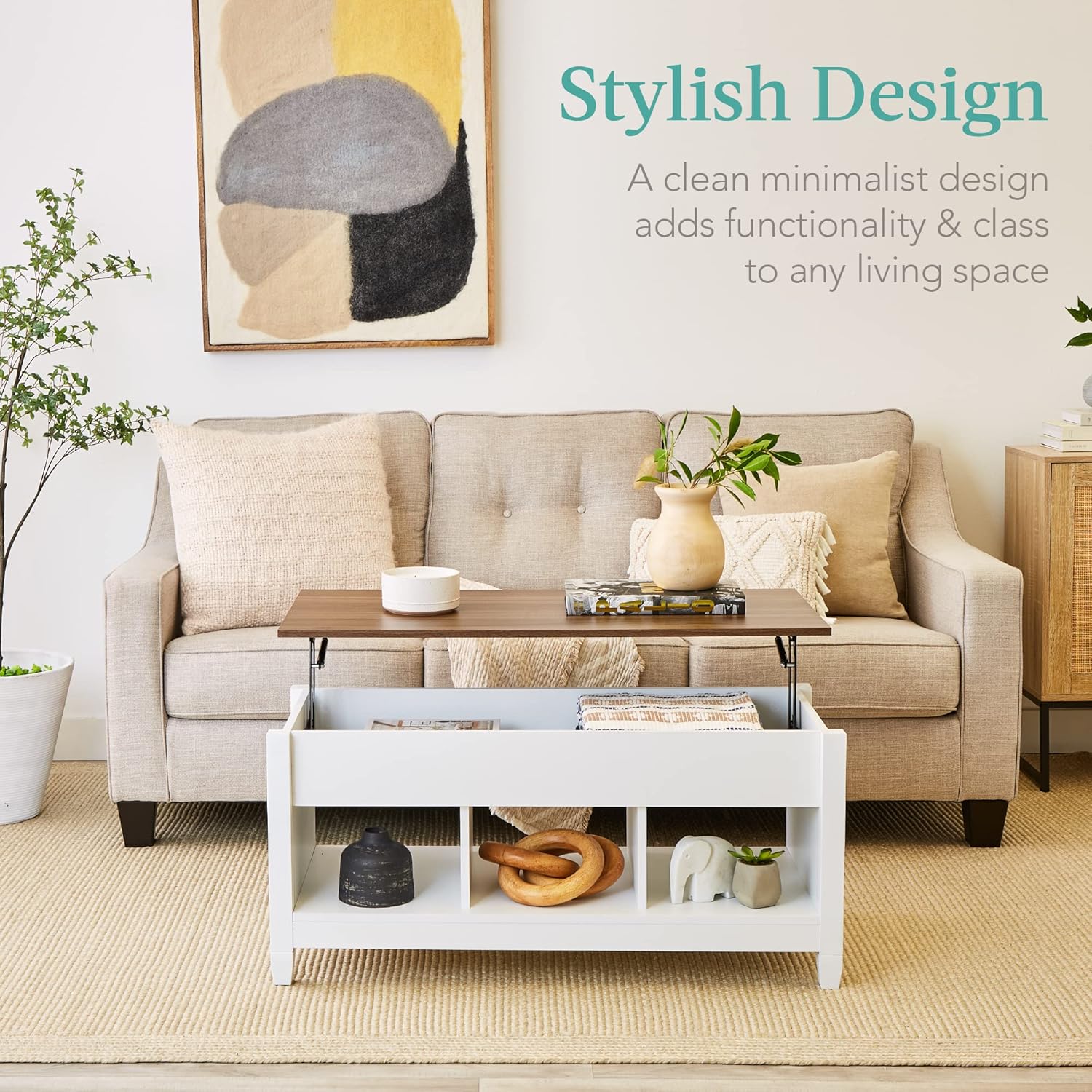 Best Choice Products Lift Top Coffee Table with Hidden Storage, Accent Table Furniture for Living Room, Display Shelves - White/Brown
