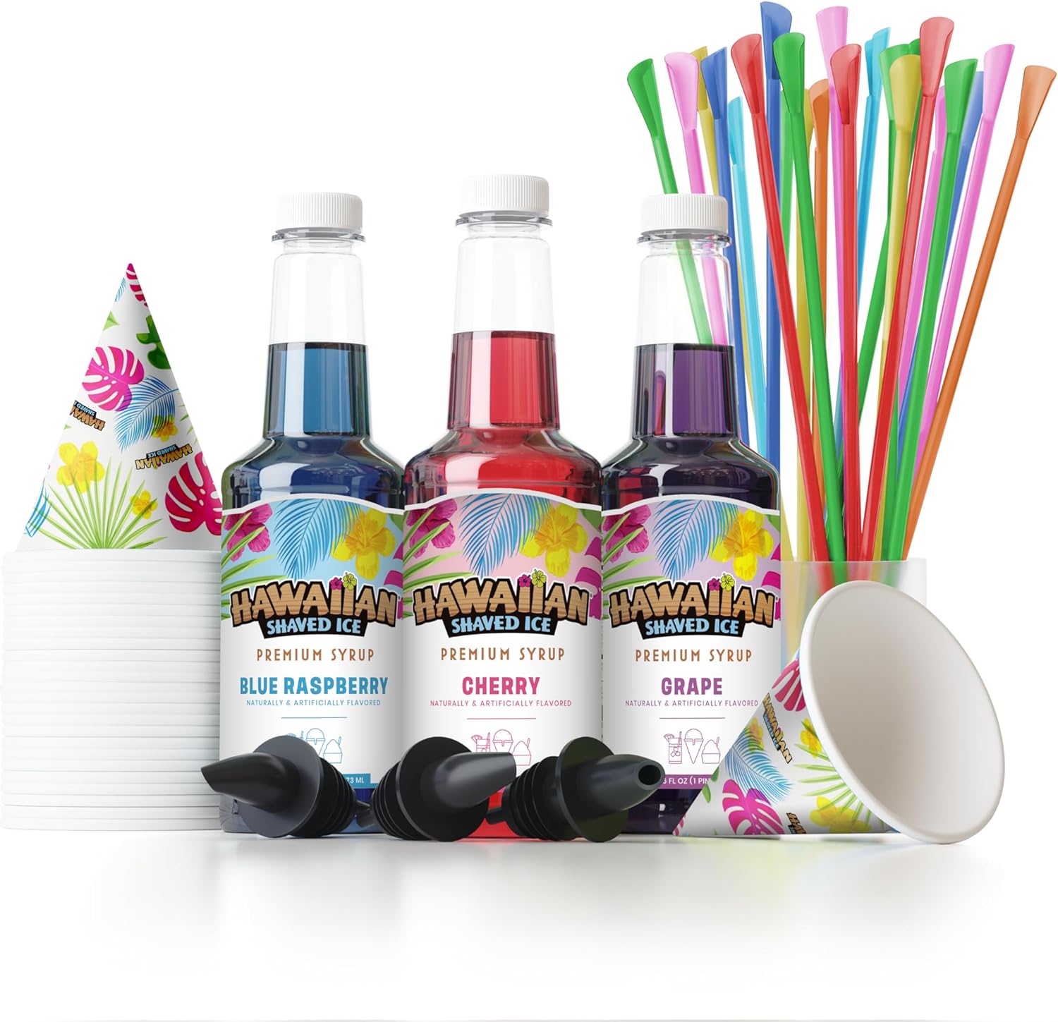 Hawaiia Shave Ic Syru Assortmen wit  16o Bottles 2 Sno Con Cups 2 Spoo Straws an Pourin Spouts Flavors Cherry Blu Raspberry an Grape Allergy-friendly.