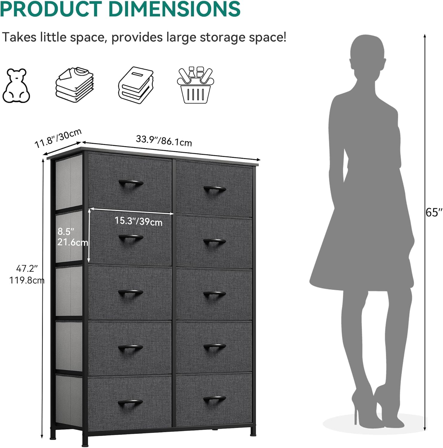 YITAHOME 10 Drawer Dresser - Fabric Storage Tower, Organizer Unit for Bedroom, Living Room, Hallway, Closets - Sturdy Steel Frame, Wooden Top & Easy Pull Fabric Bins (Black Grey)