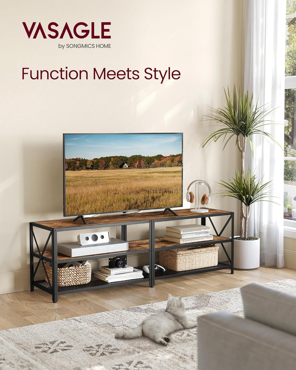 TV Stand for TV up to 70 Inches, TV Table, Entertainment Center, 3-Tier TV Console, Steel Frame, Industrial Style, for Living Room, Rustic Brown and Black ULTV095B01