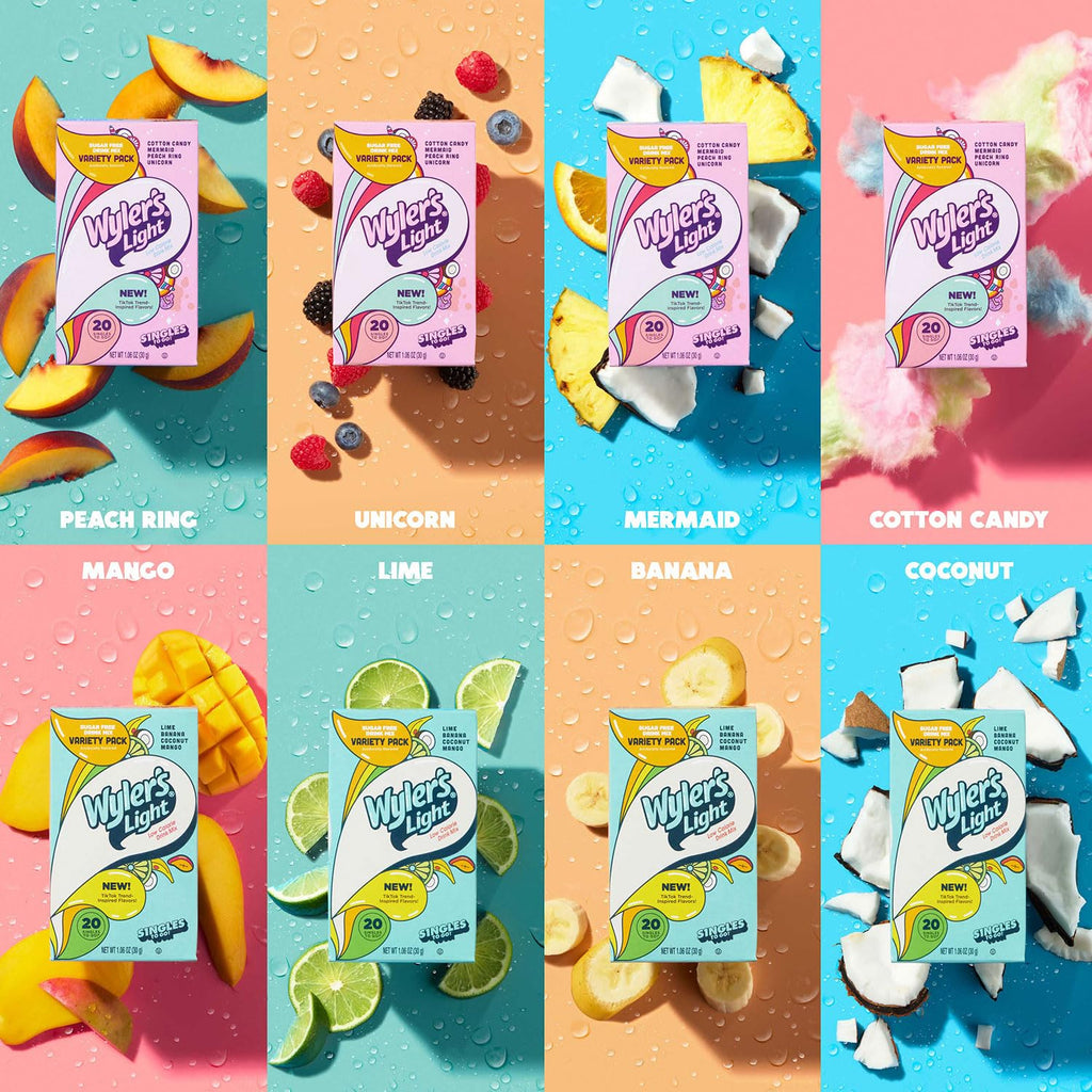 Wyler' Ligh Single t G Powde Packets Wate Drin Mix Variet Pack Lime Banana Coconut Mango Waterto Bas Flavors Suga Caffein Free On-The-Go 2 Coun (Pac 1)