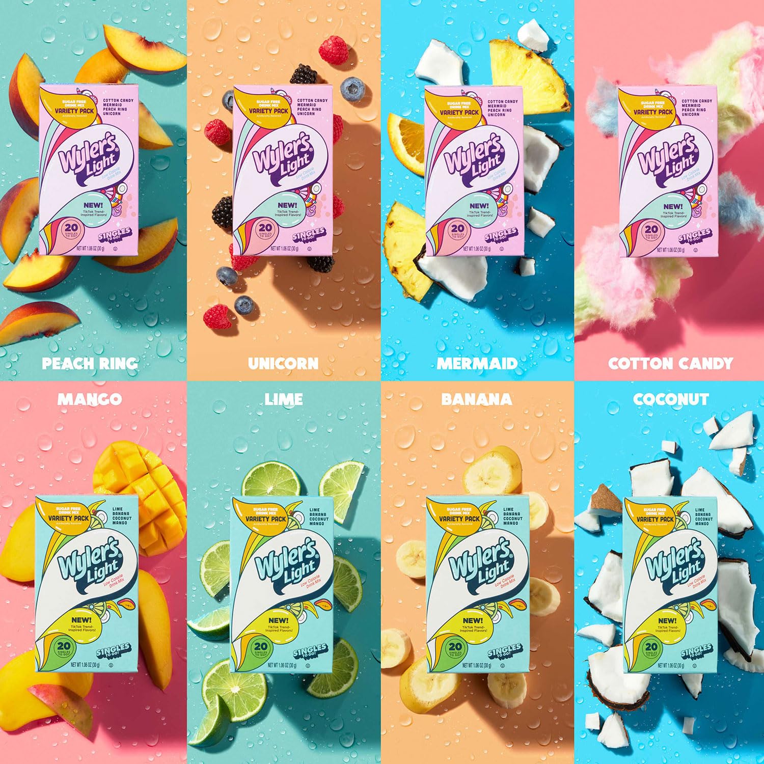 Wyler' Ligh Single t G Powde Packets Wate Drin Mix Variet Pack Lime Banana Coconut Mango Waterto Bas Flavors Suga Caffein Free On-The-Go 2 Coun (Pac 1)