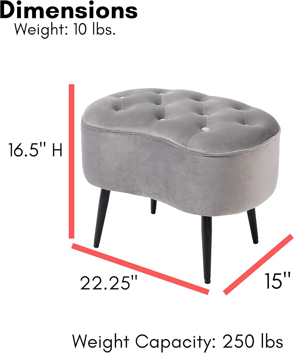 BIRDROCK HOME Tufted Oblong Velvet Ottoman - Mid Century Modern Design Furniture with Steel Legs - Soft, Compact, Padded Foot Stool for Living Room, Office and Bedroom- Grey Velvet, 22.5x15 Inches