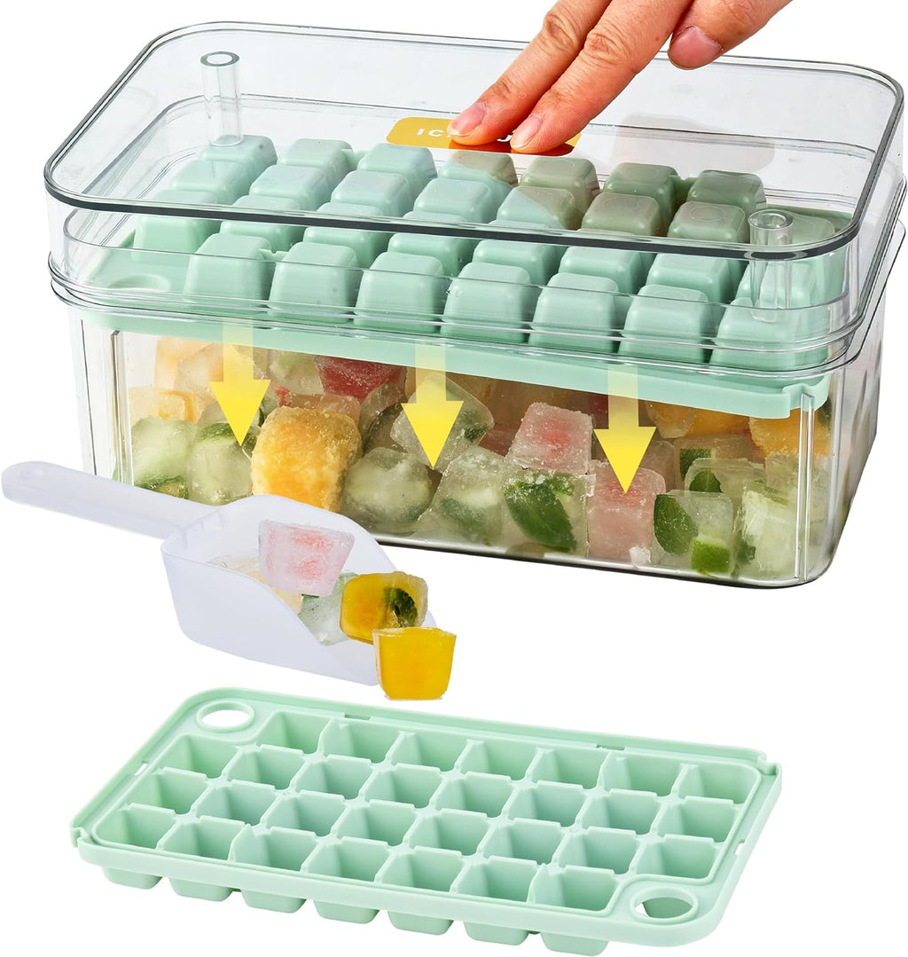 Yoove Ice Cube Tray with Lid and Bin | Press and Easy to Release Ice Cube Trays for Freezer | 2 Ice Tray, 60 refreshing Ice Cubes | Ice Molds for Fruits, Soda, Cocktails, Whiskey, Iced Coffee and Wine