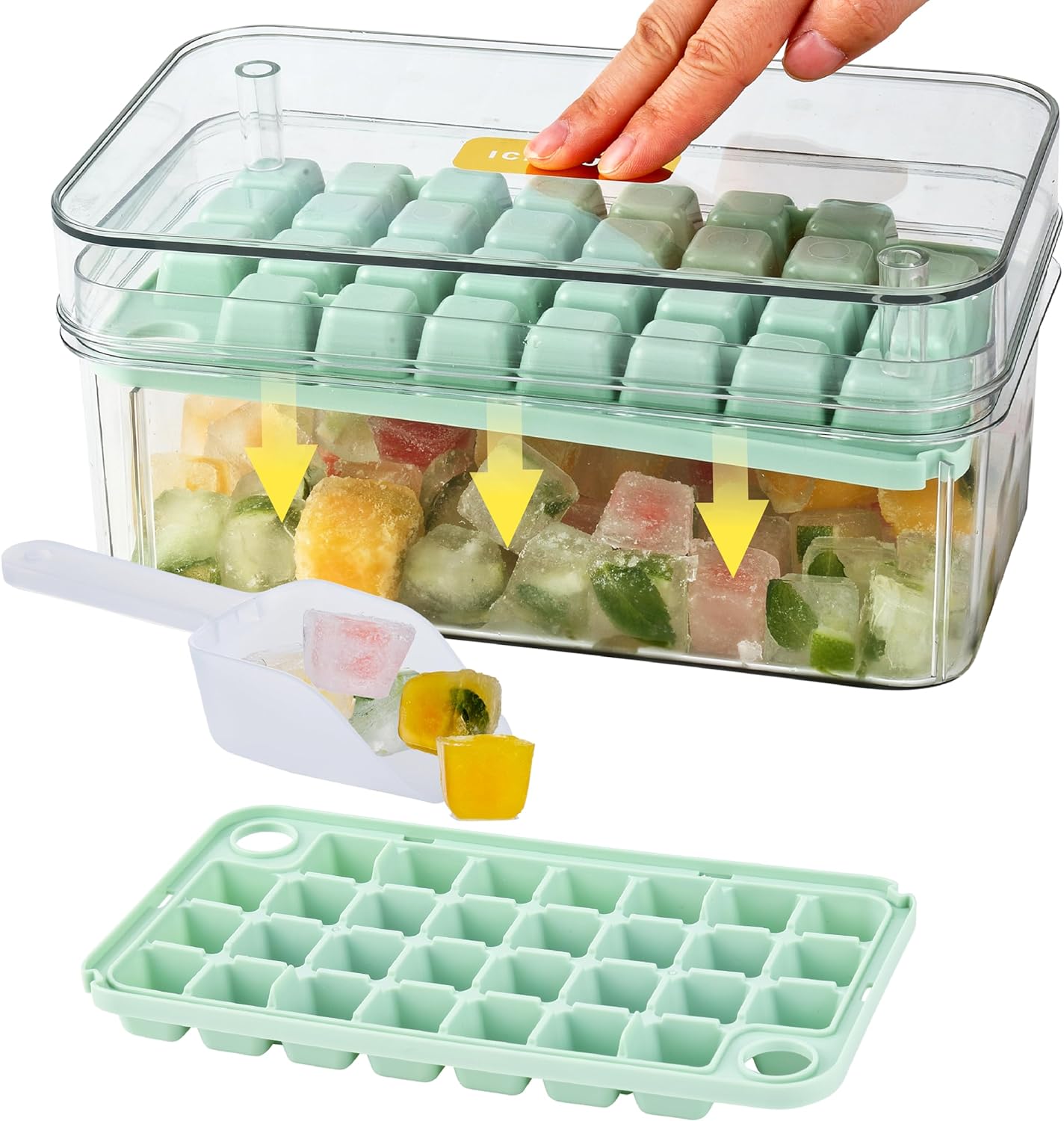 Yoove Ice Cube Tray with Lid and Bin | Press and Easy to Release Ice Cube Trays for Freezer | 2 Ice Tray, 60 refreshing Ice Cubes | Ice Molds for Fruits, Soda, Cocktails, Whiskey, Iced Coffee and Wine