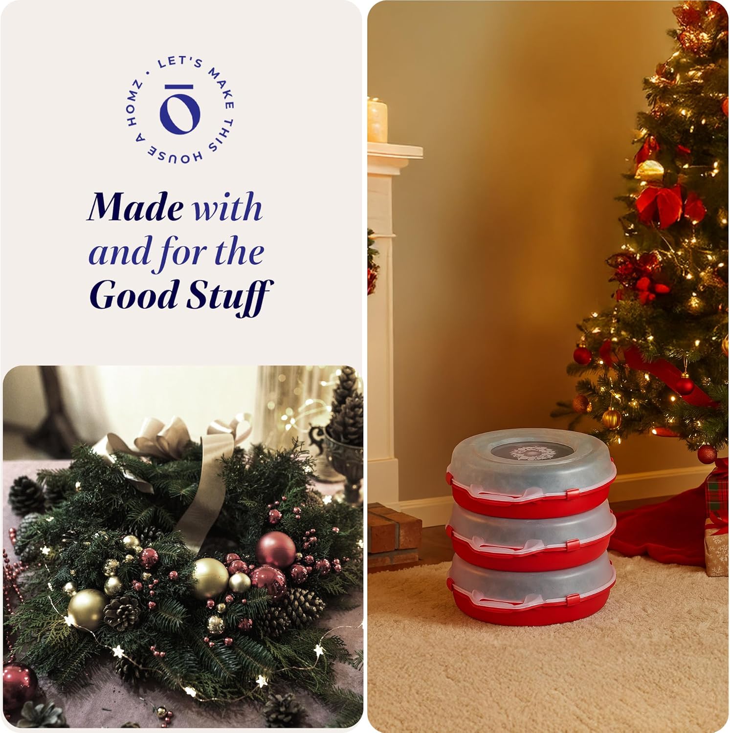 HOMZ 3-Pack Seasonal Holiday Decorative Wreath Storage Organizer, 24 Inch, Red Clear - Round Plastic Christmas Decoration Holder for Wreaths and Garlands w/ 4-Way Latches Built-In Handle