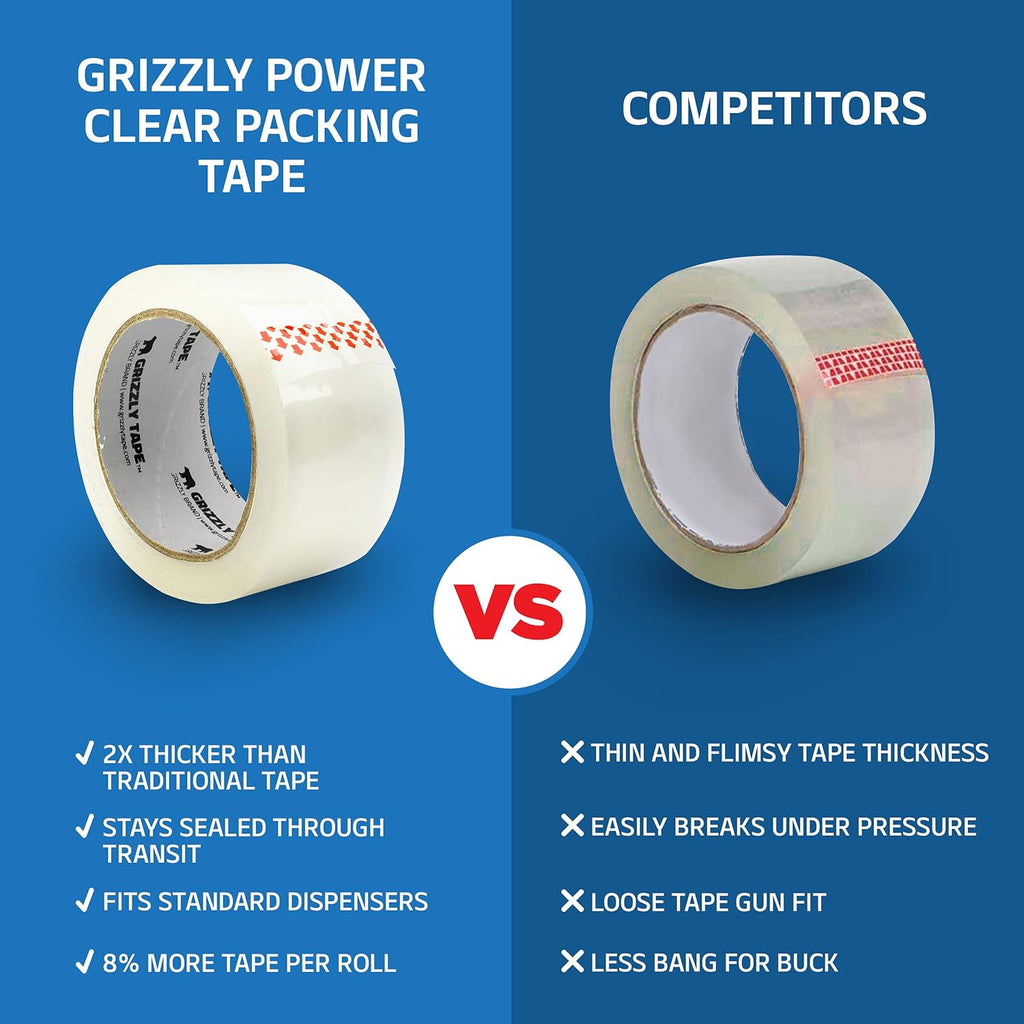 Grizzly Power Clear Packing Tape (12 Rolls) | Heavy Duty Packing Tape (2 Inch x 65 Yards) | 2.8mil Thick Strong Adhesive for Moving Boxes, Shipping Cartons, Office Use, Storage Wrapping (780 Yards)