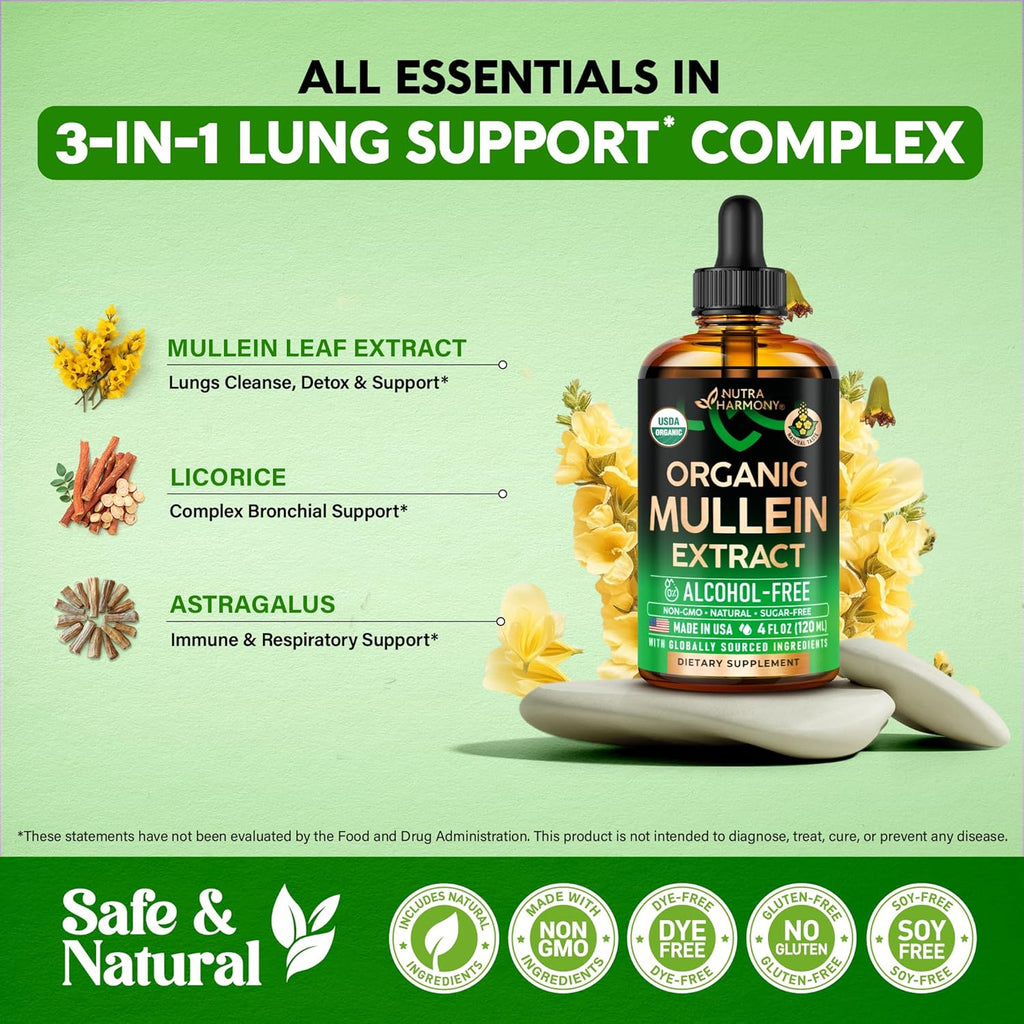 Mullein Drops for Lungs - USDA Organic Liquid - Mullein Leaf Extract Supplement - Made in USA - Lung Bronchial Cleanse for Smokers - Respiratory Health Support - As Tincture, Tea, Pills - Pack of 2